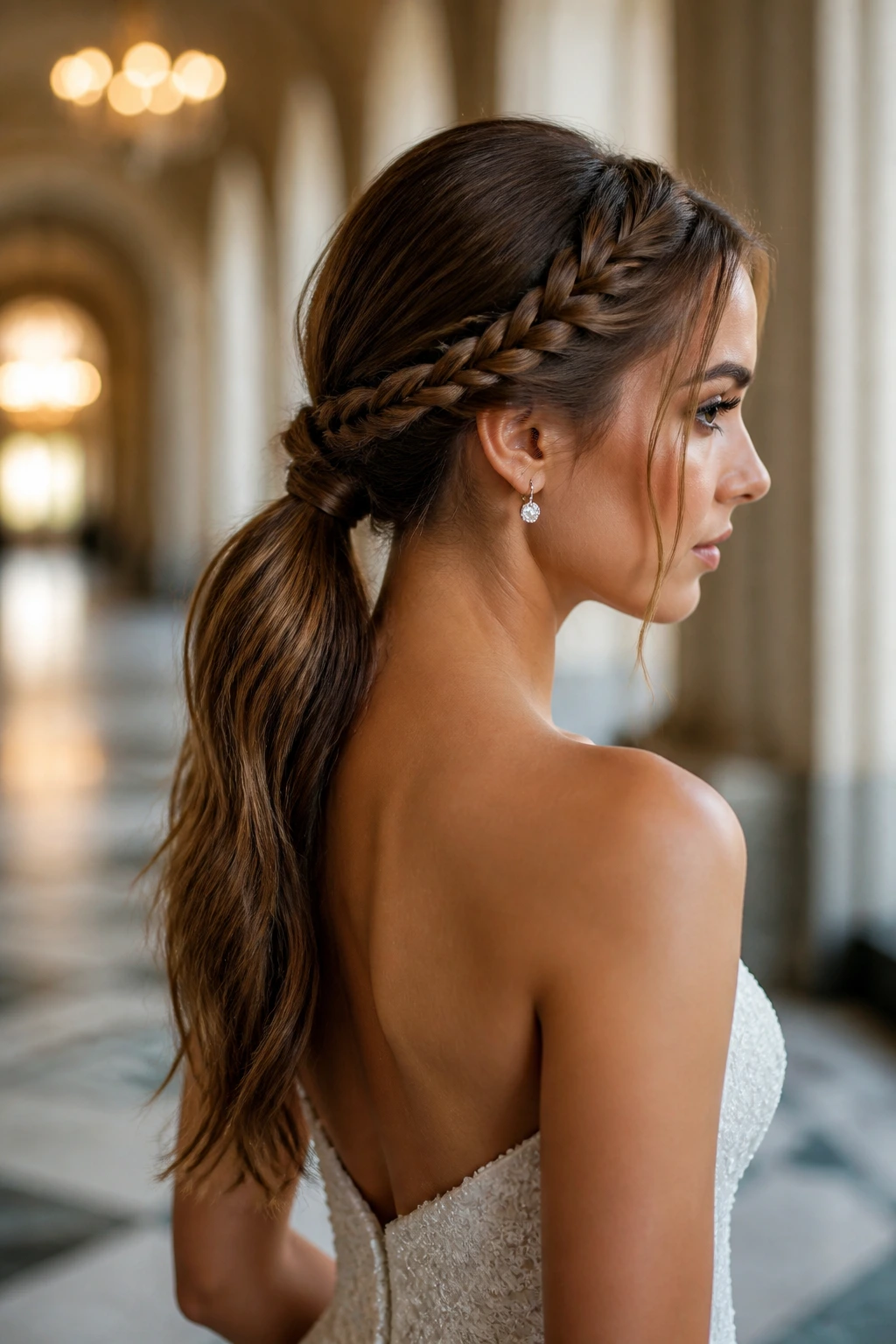 Bride with rope braid into a low ponytail