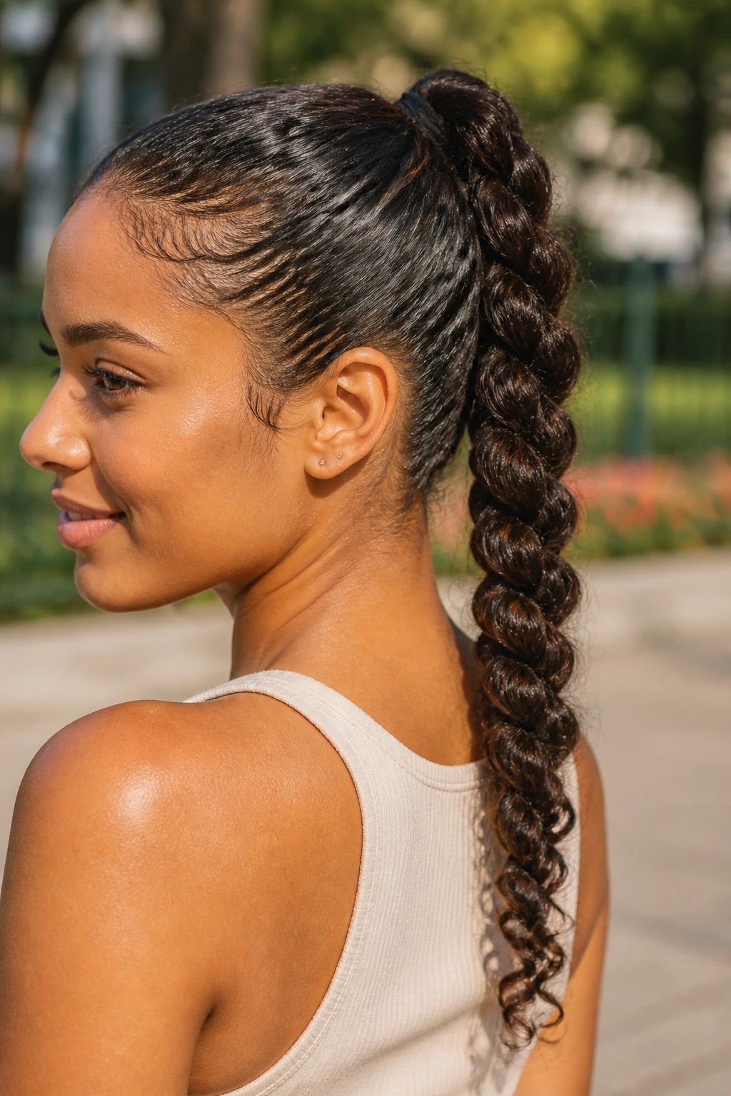 Close-up of a real woman with a rope braid ponytail on curly hair
