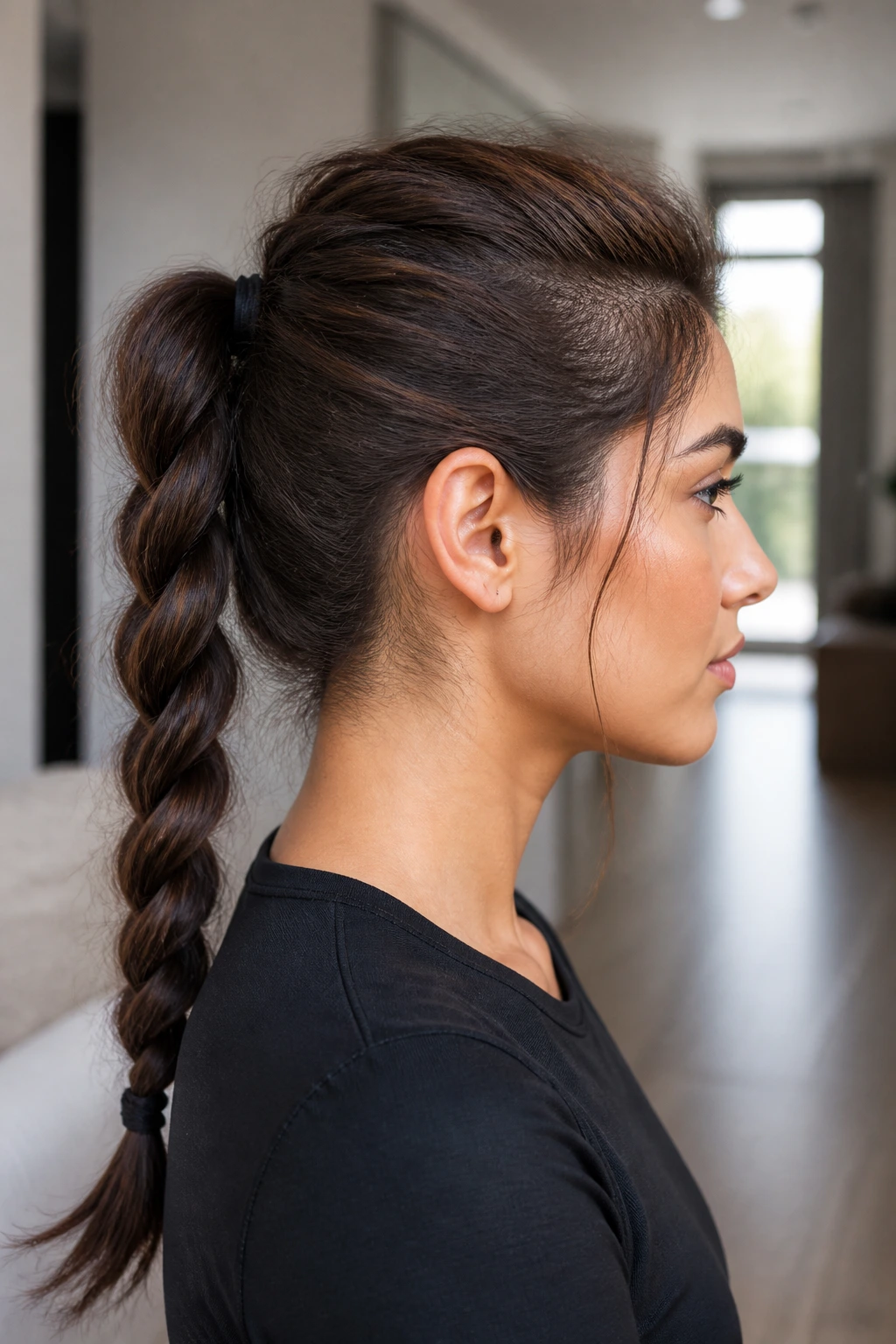 Side profile of a woman with a rope-braid ponytail