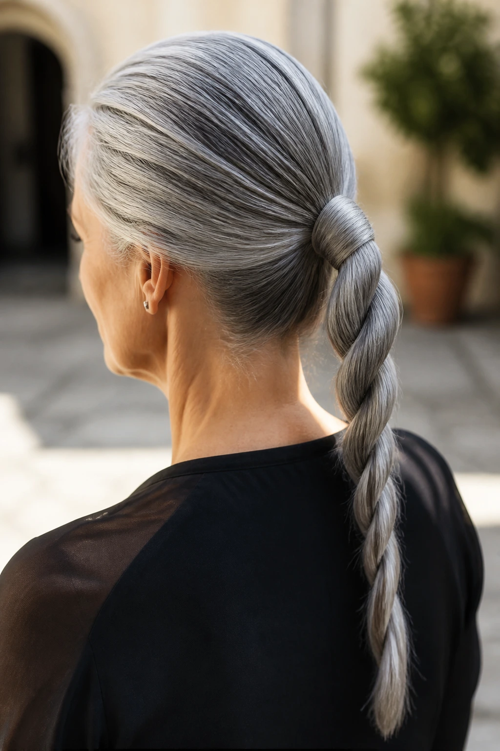 Portrait of a real person with a rope braid ponytail in silver-gray hair