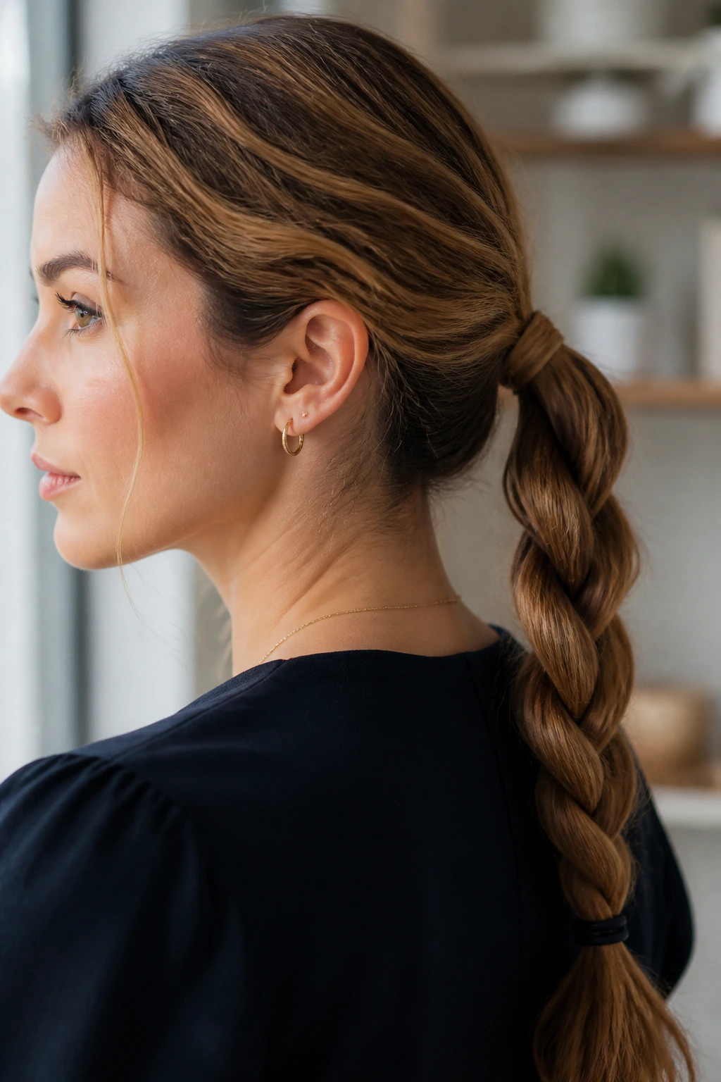 Close-up of a real woman with a rope braid ponytail hairstyle