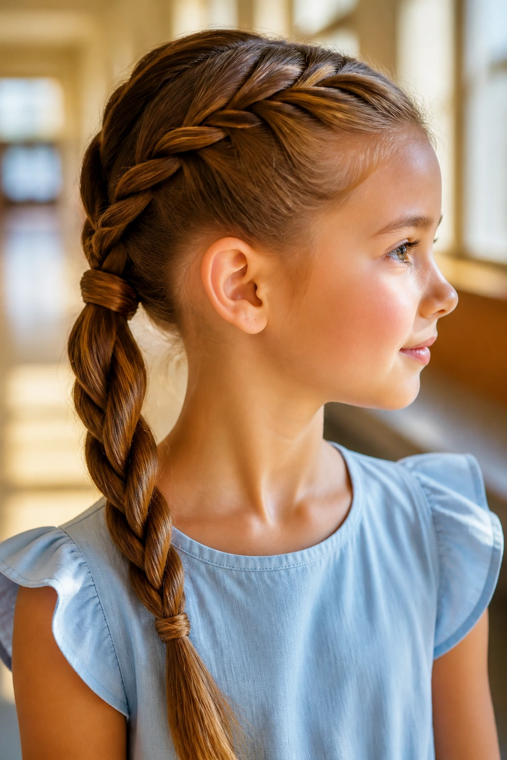 Close-up of a girl showing a rope braid ponytail in a hallway
