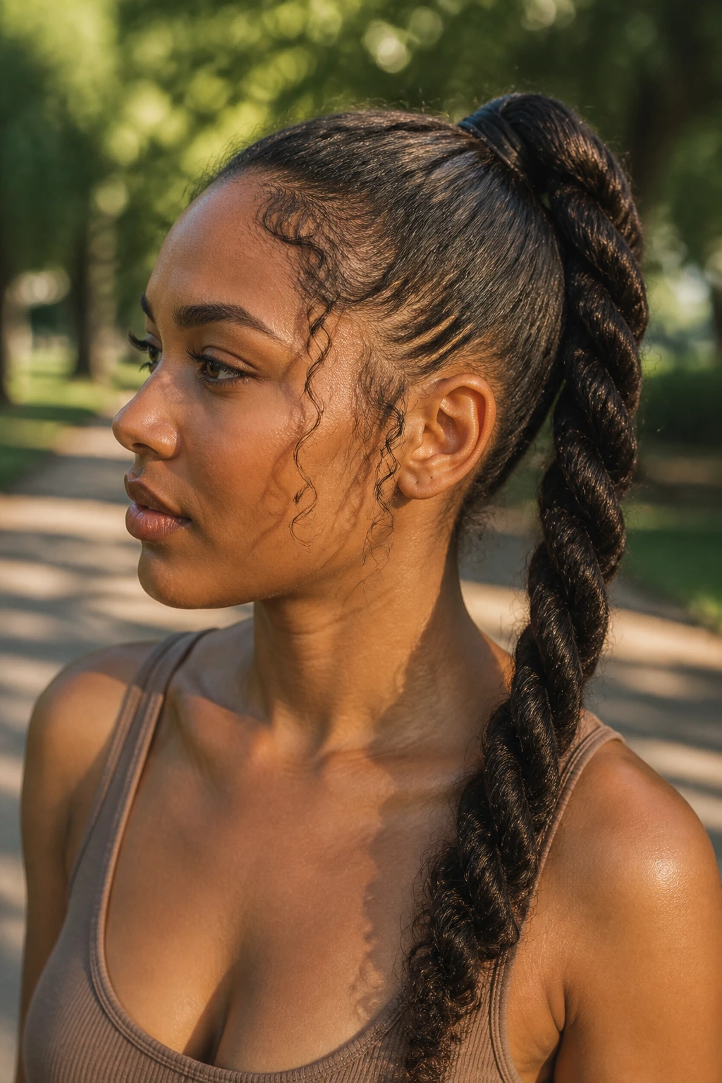 Two-strand rope braided ponytail on a real woman in a park during golden hour.