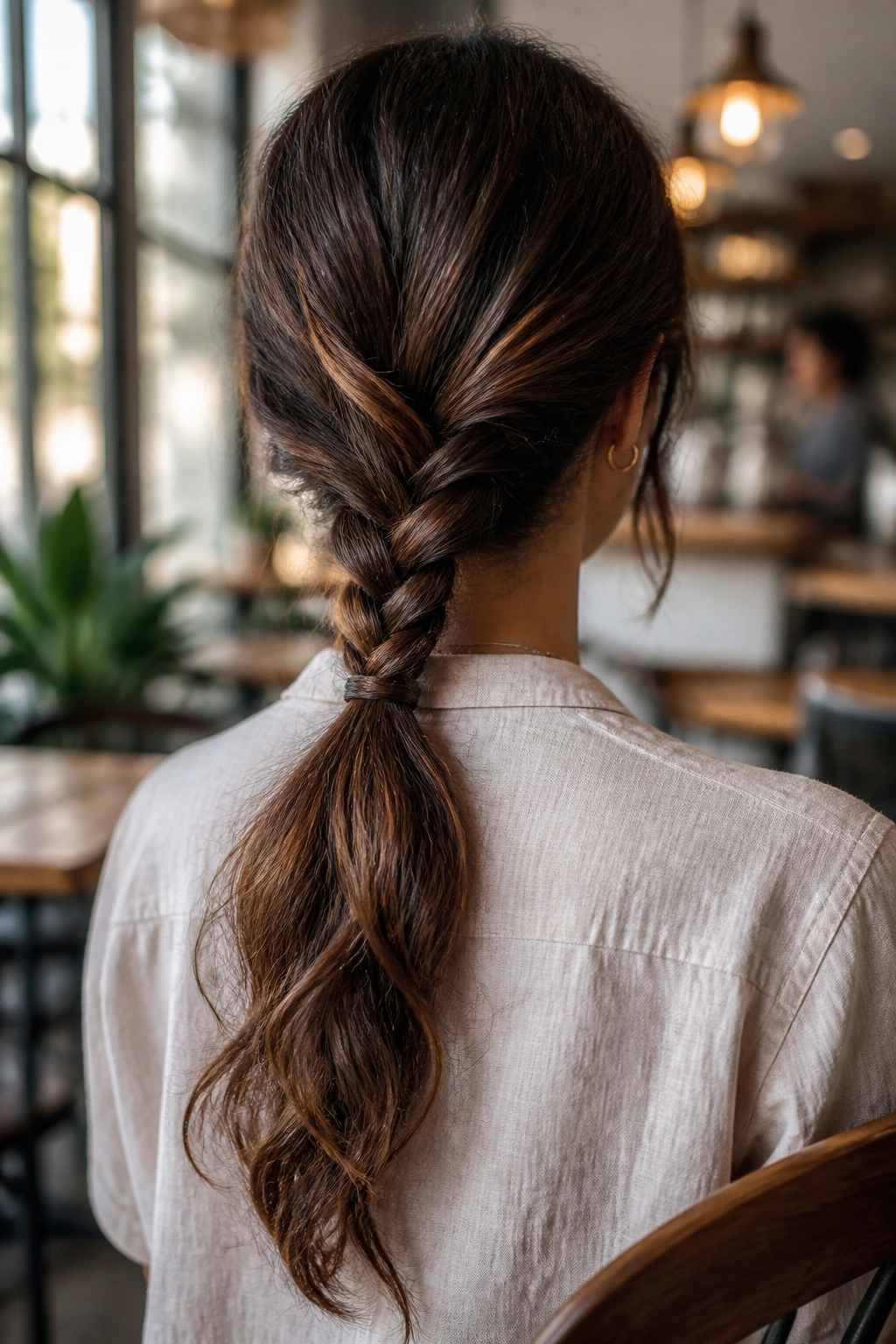 Back/three-quarter view of a real woman with a rope-braid low ponytail at the nape.