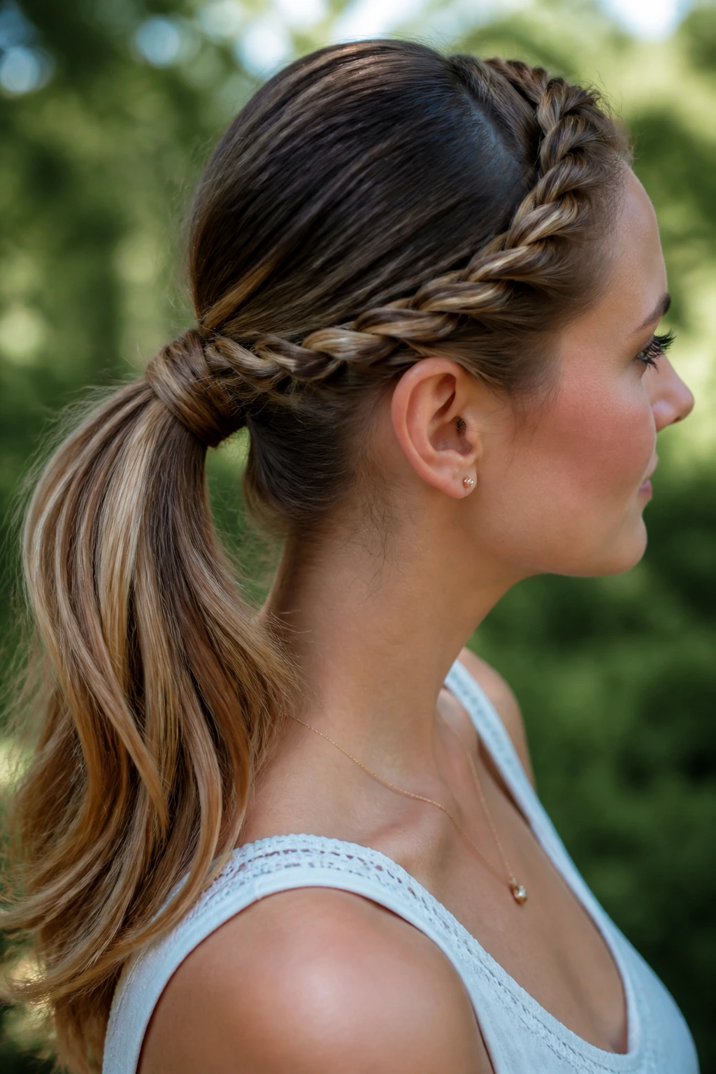 Close-up portrait of a real woman with a rope braid wrapped around a mid ponytail