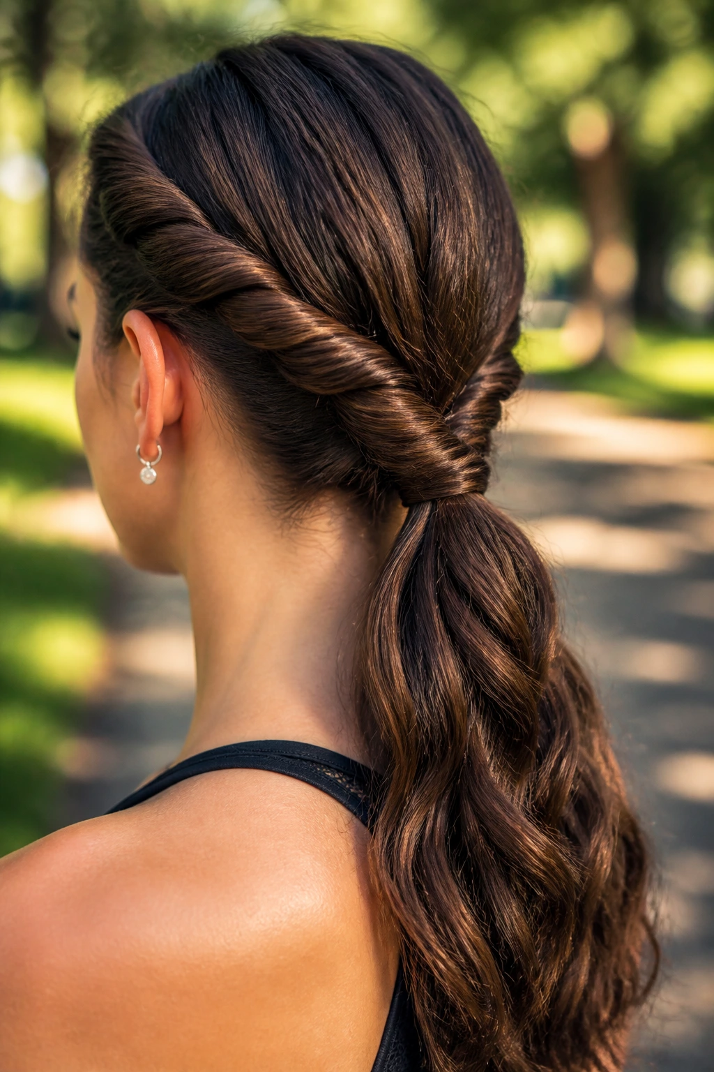 Back-of-head portrait of a real woman with a rope braid ponytail visible.