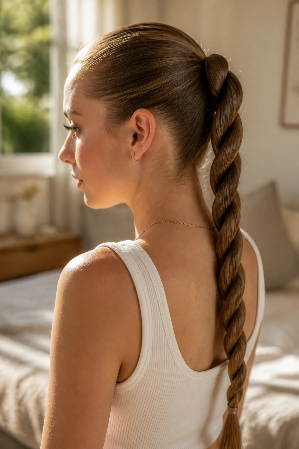 Close-up of a real woman with a rope braid ponytail in warm natural window light