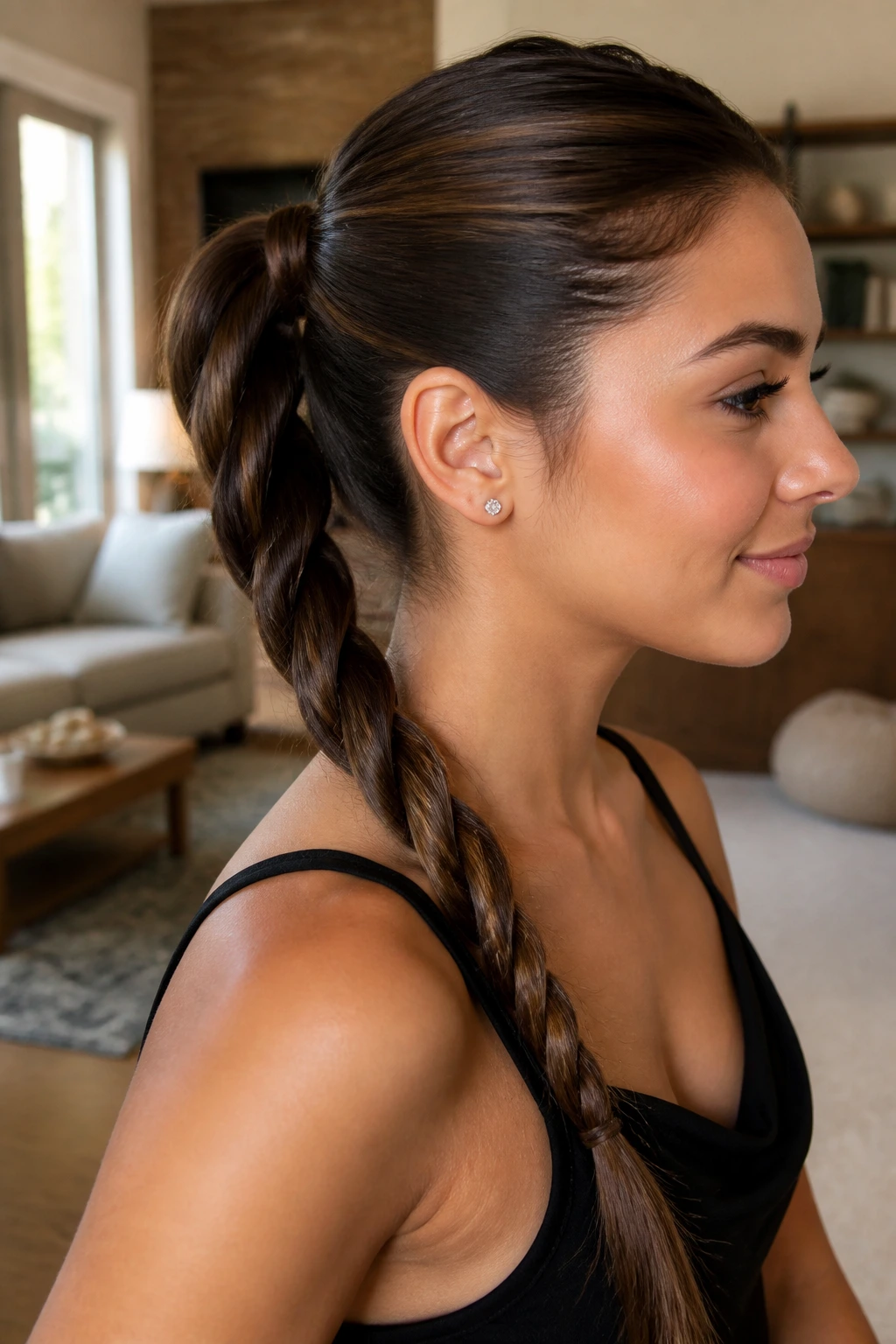 Real woman with rope-braid ponytail showing twist pattern