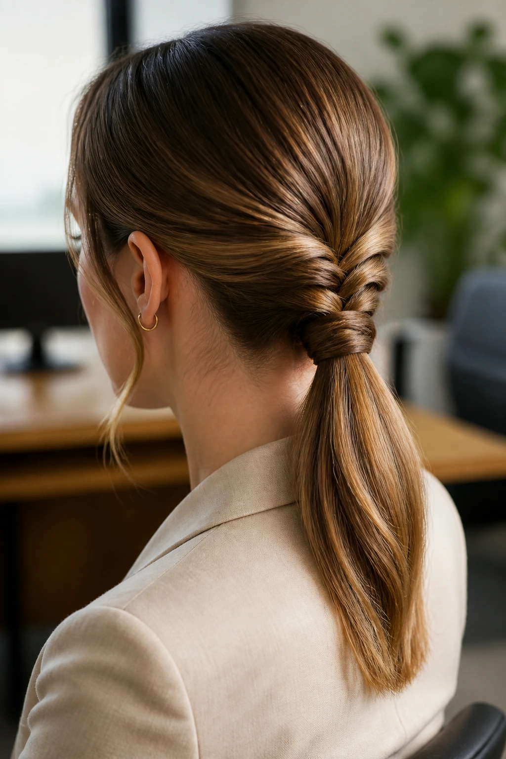Close-up of a real woman wearing a rope-braid low ponytail in an office setting