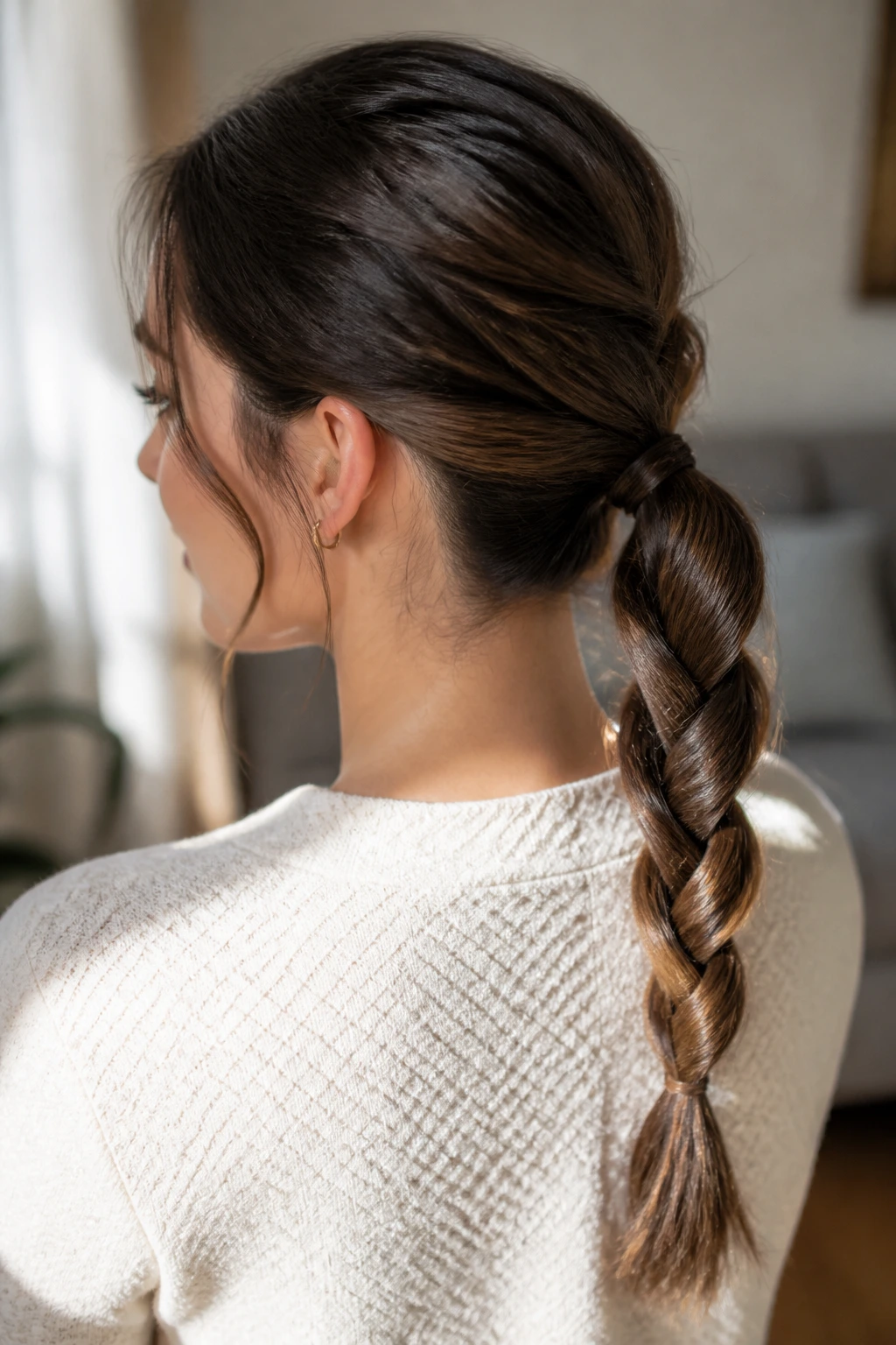 Real woman with rope-braid ponytail showing intertwining twists