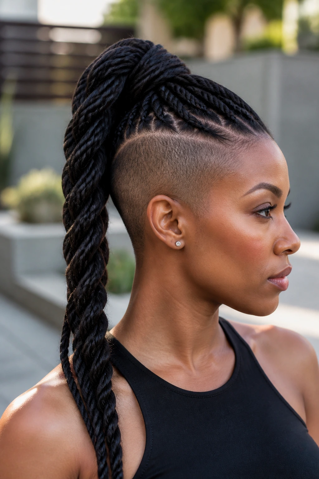 Close-up portrait of a rope-braid ponytail with shaved sides on a real person