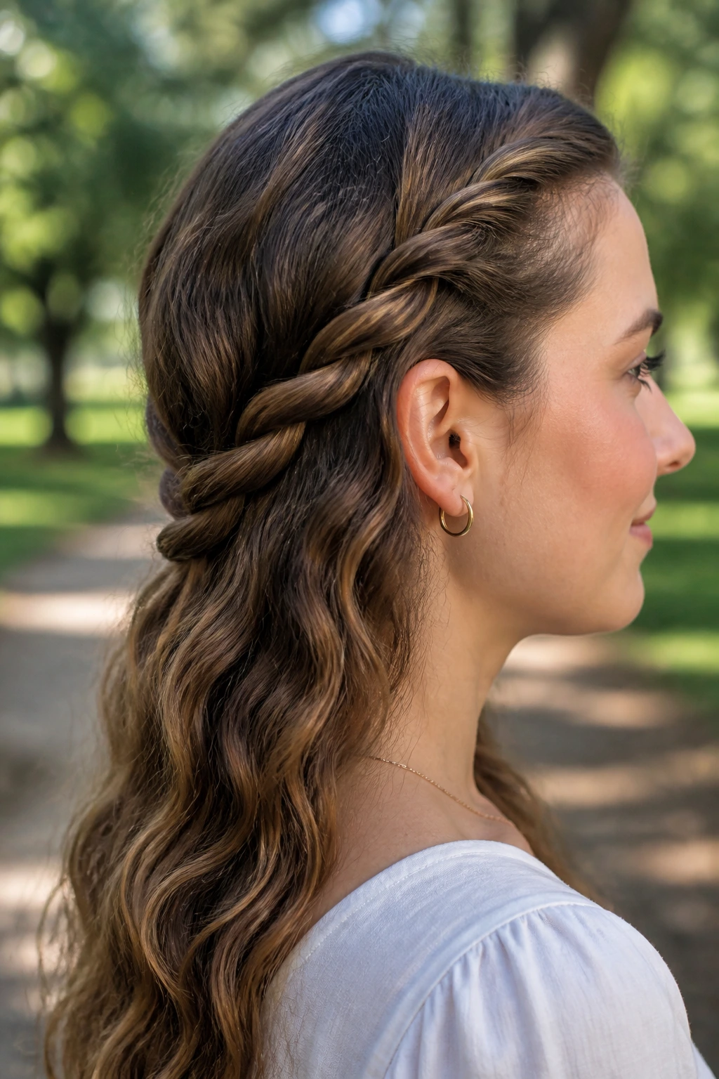 Close-up profile of a real person with a two-strand rope braid