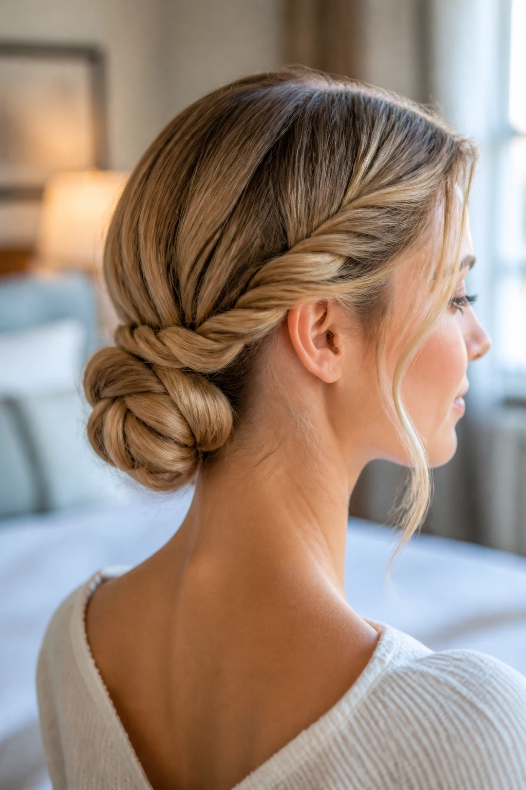 Close-up portrait of a real woman with a rope braid roll at the nape