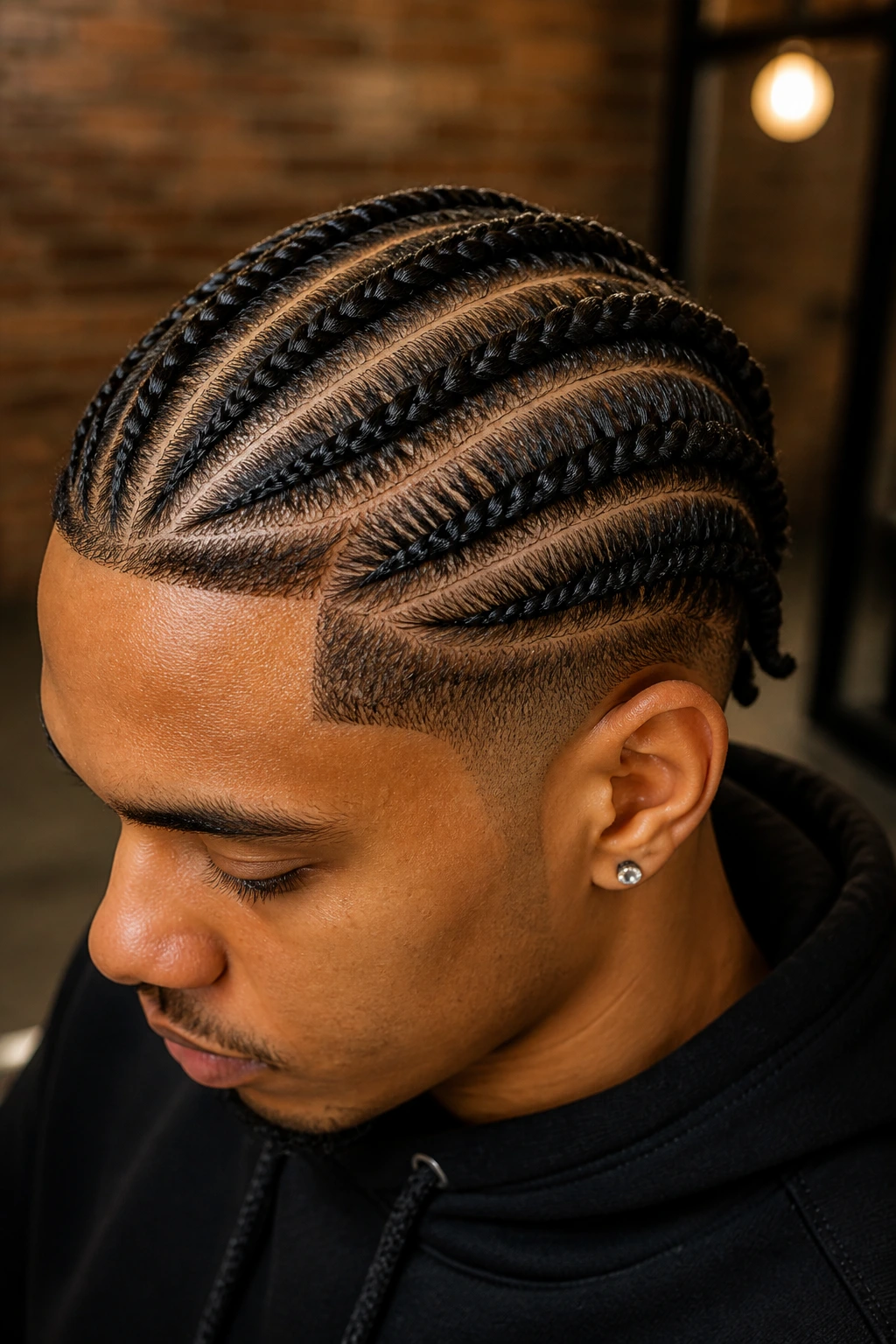 Close-up of a real man with rope braid rows along the scalp