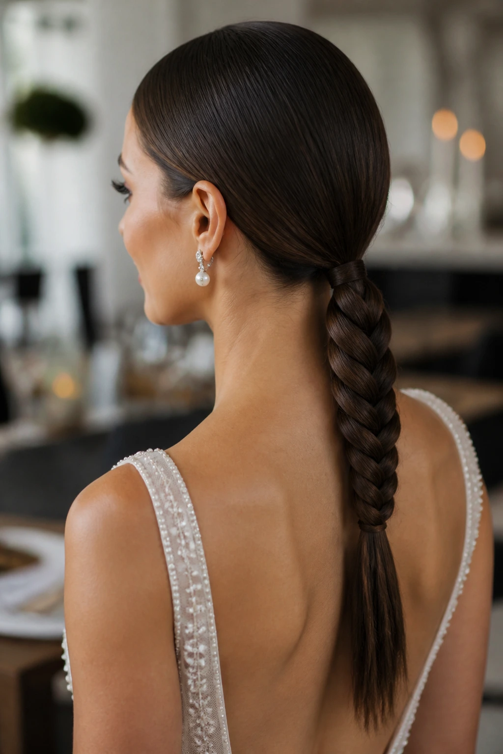 Close-up of a bride with rope braid tail at the nape