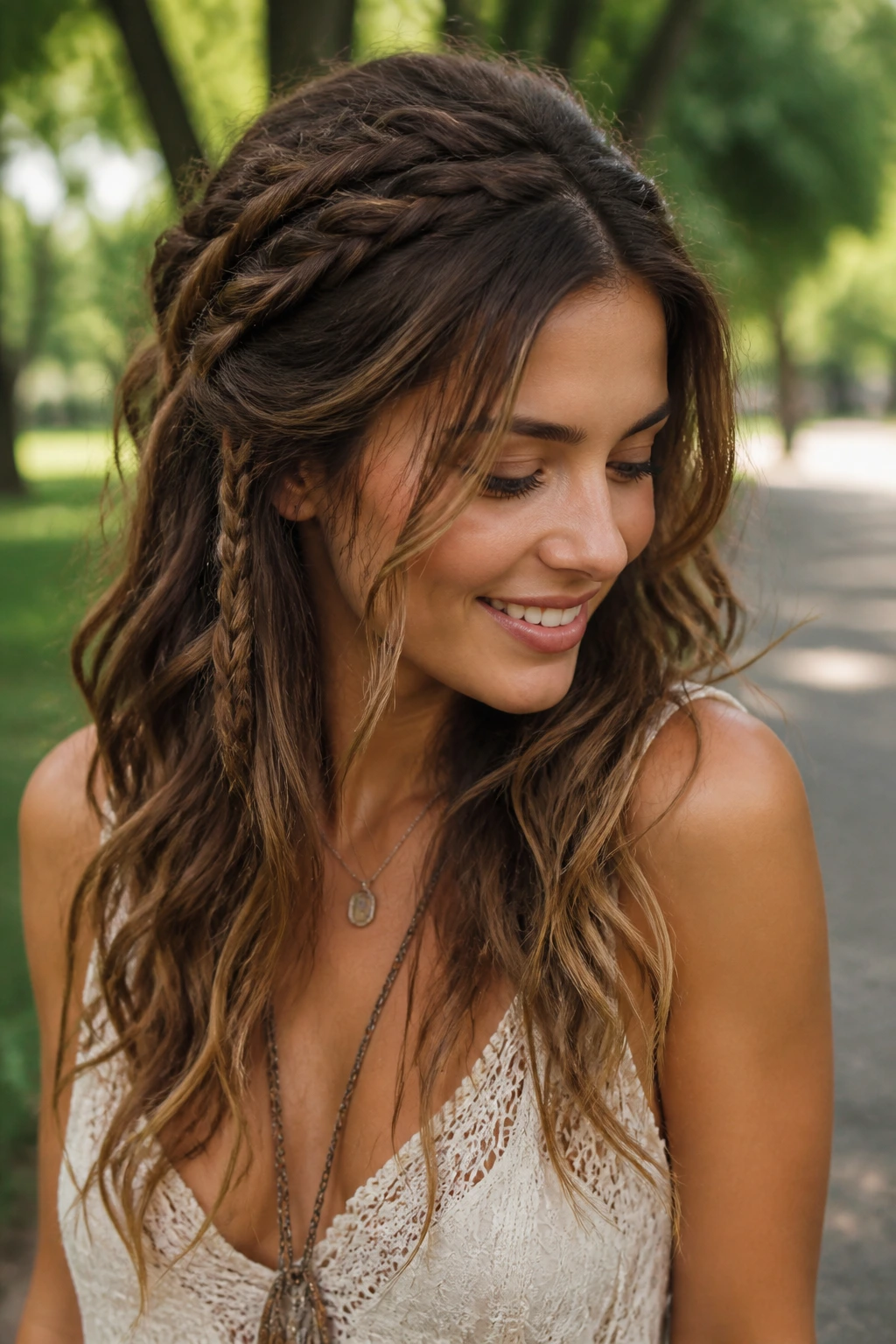 Close-up of rope-braid texture woven into boho waves on a real person outdoors