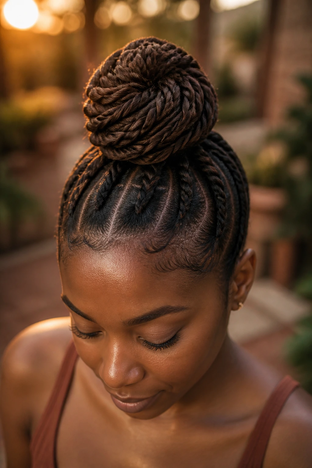 Close-up portrait of a real woman with a rope-braid top knot.