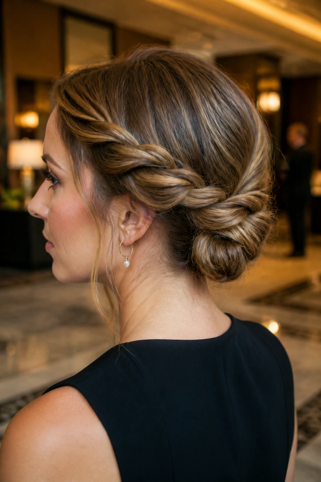 Close-up of a real woman with a rope-braid updo on shoulder-length hair in a chic lobby