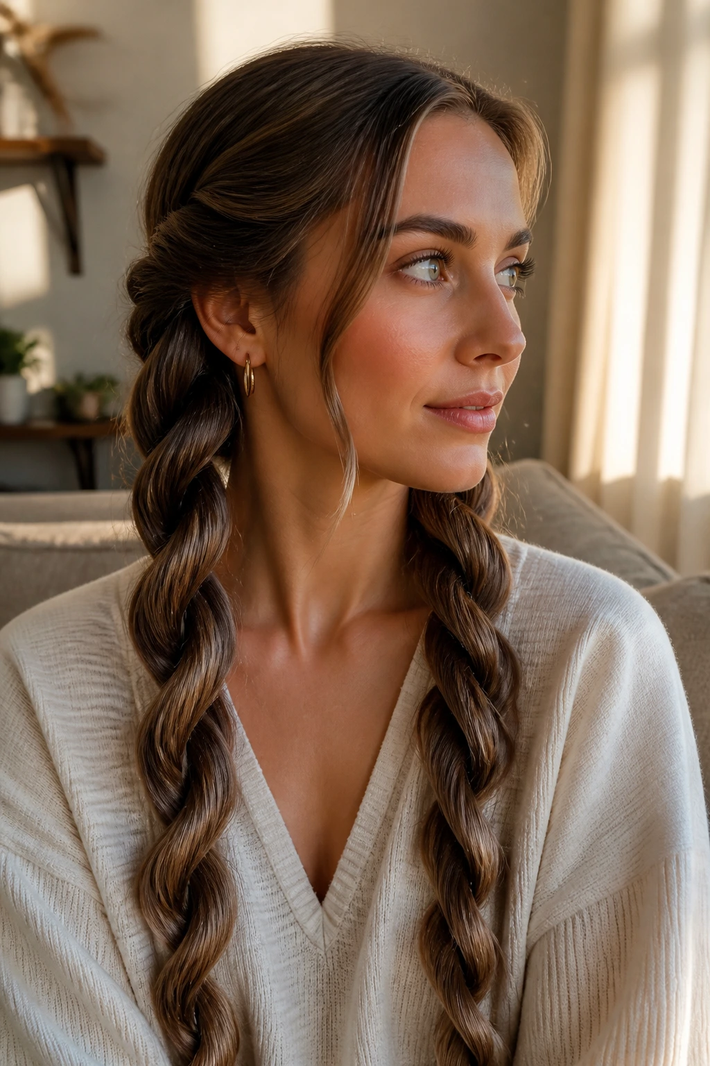Close-up portrait of a real woman with rope-braid waves forming a smooth spiral