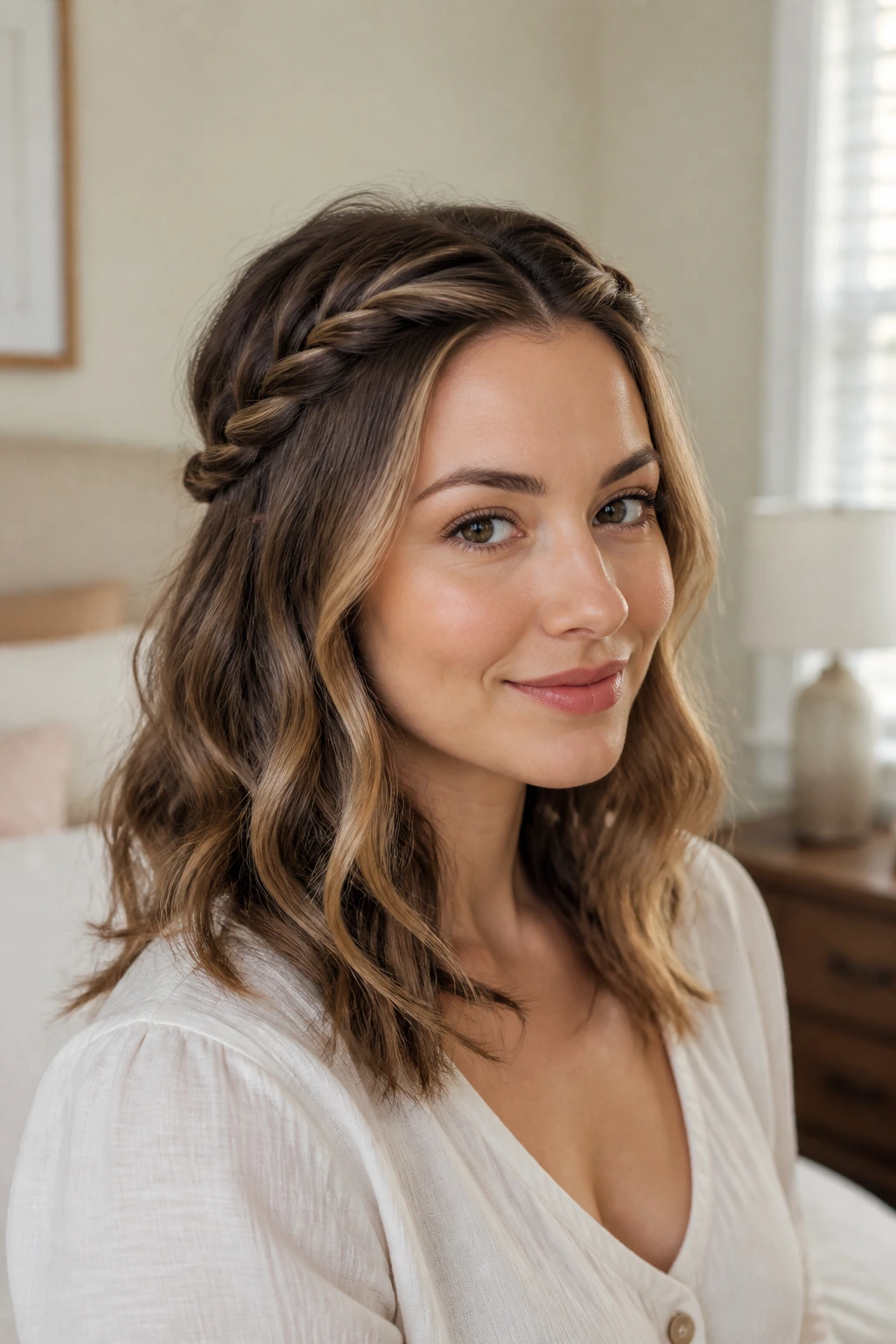 Close-up of a real woman with two rope braids at the front and loose waves framing her shoulders