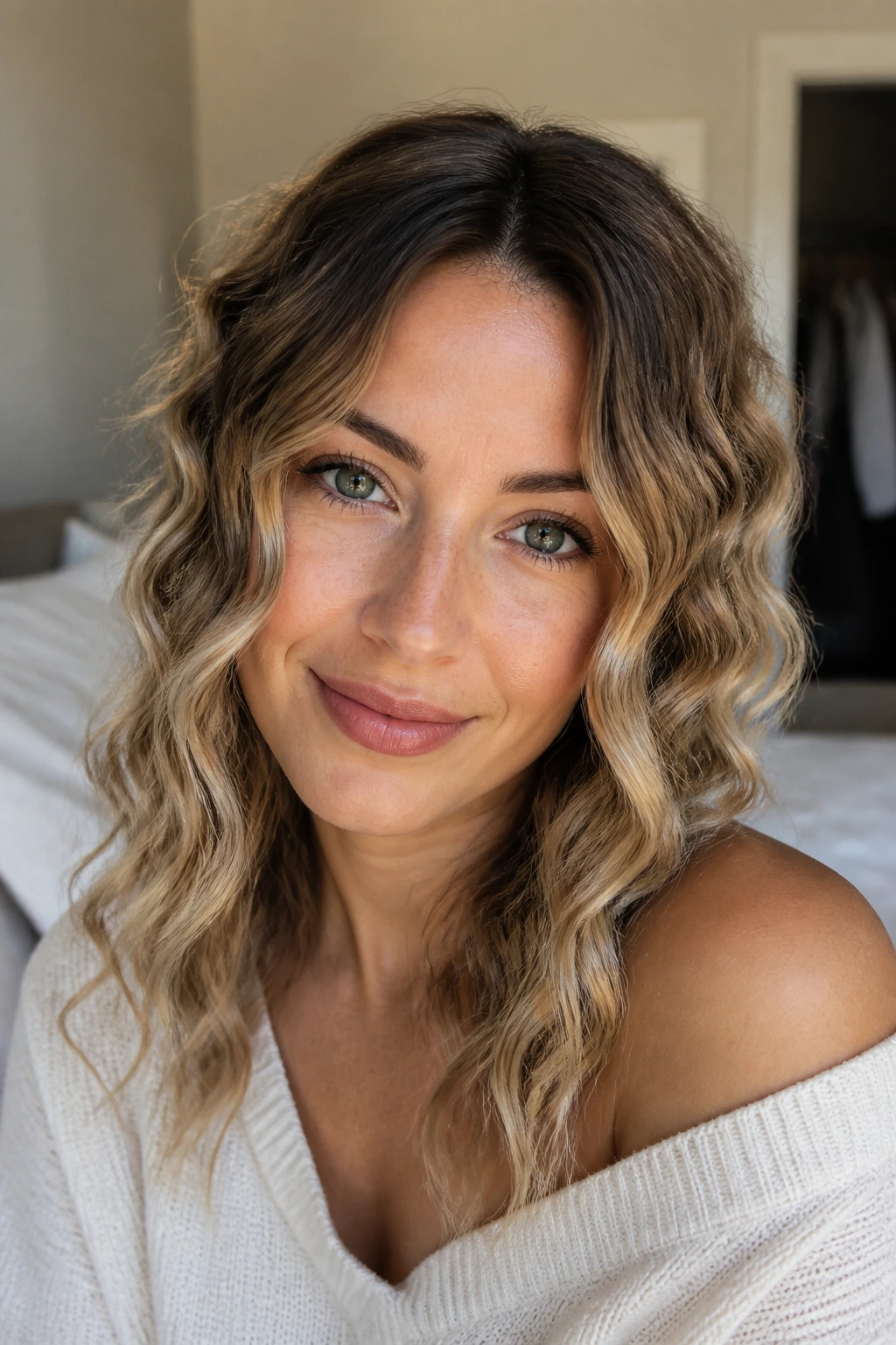 Close-up of heatless rope-braid waves on a real woman in a cozy bedroom