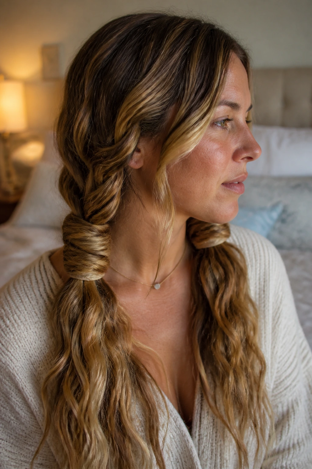 Close-up of a real woman with rope-braid waves secured at the nape