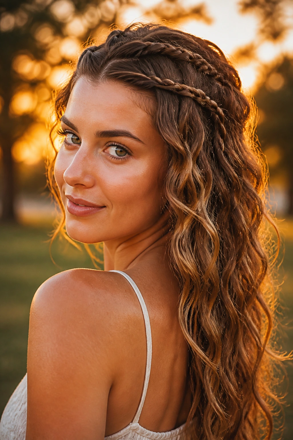 Close-up of a real woman with rope-braid crown and sunset waves during golden hour outdoors.