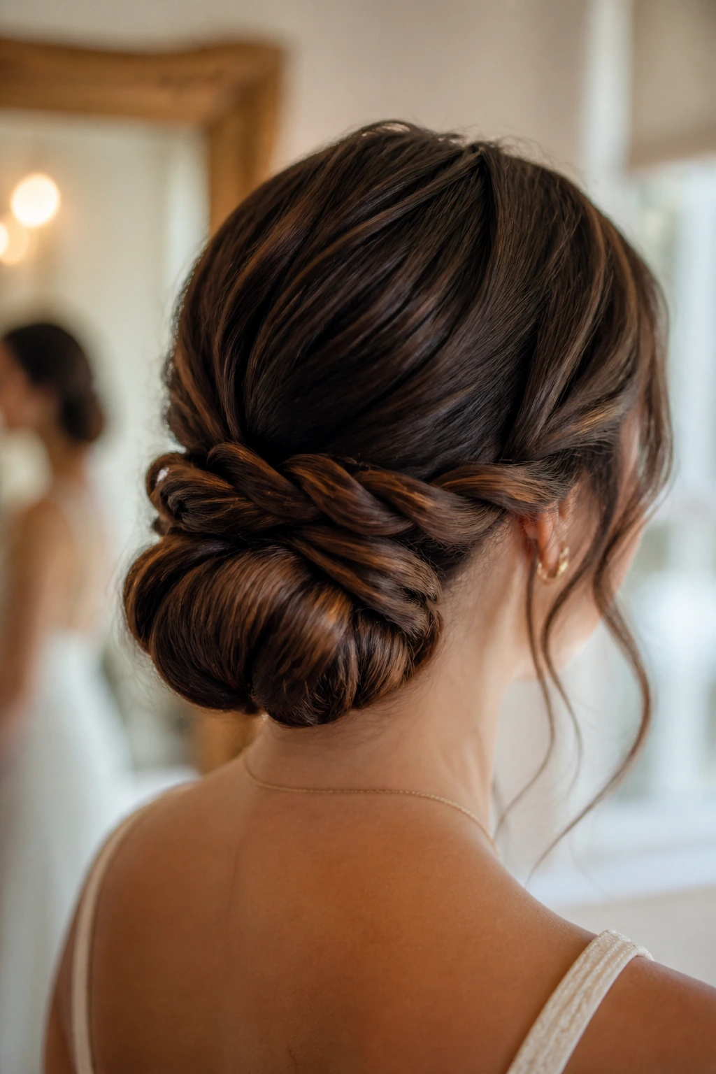 Real woman's rope-braid wrap bun with texture at nape