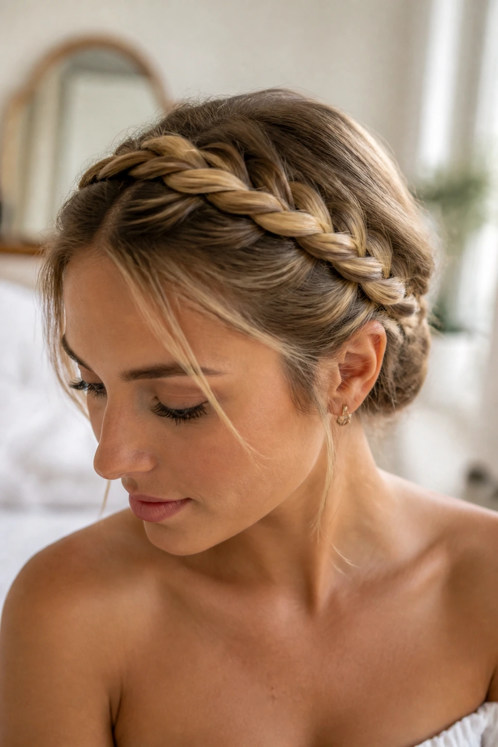Real person wearing a rope-braided halo hairstyle