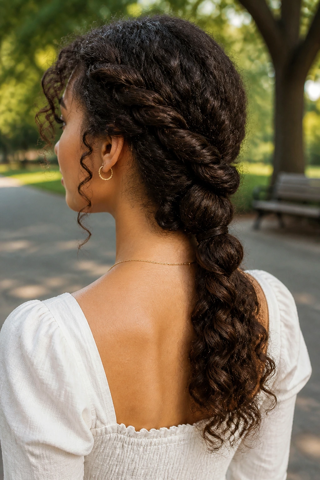 Three-quarter view of a woman with a rope-braided low ponytail at the nape