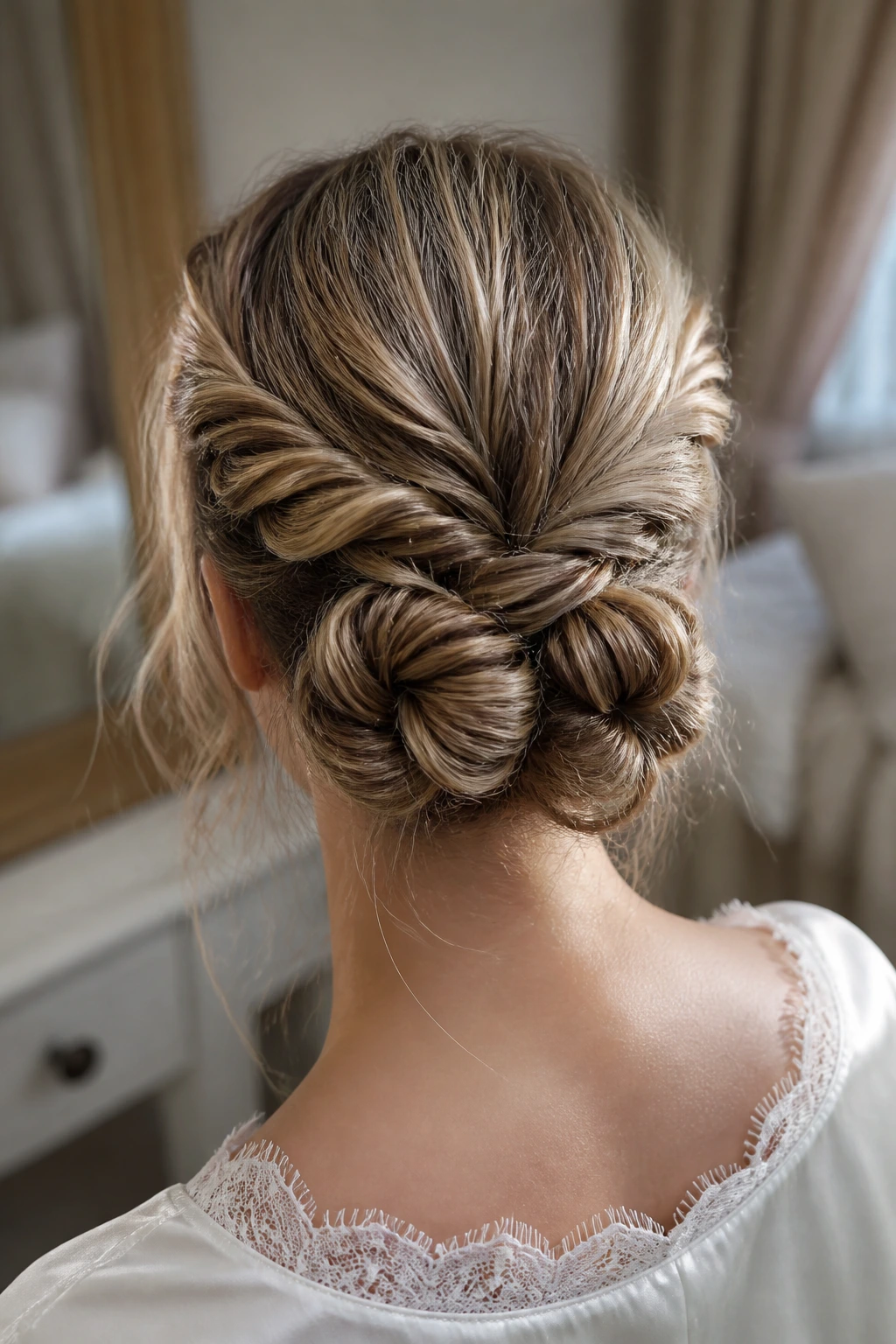 Back view of real woman with four-section rope bun at the nape