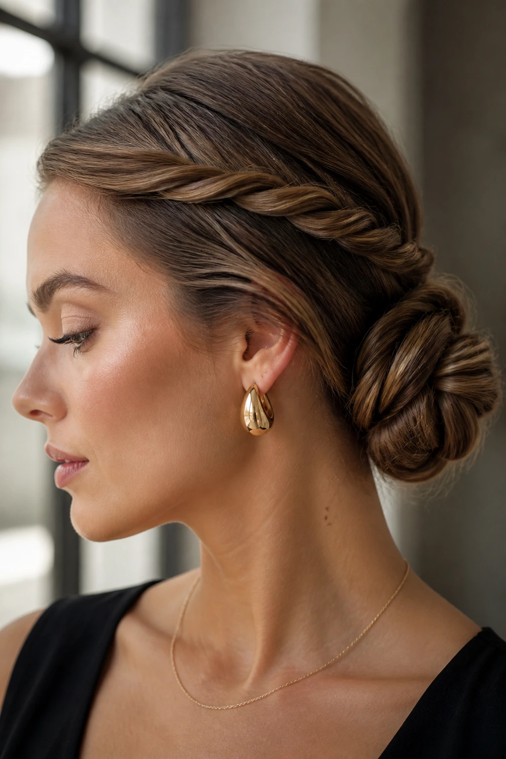 Close-up portrait of a real woman with a side-parted rope bun and rope twists