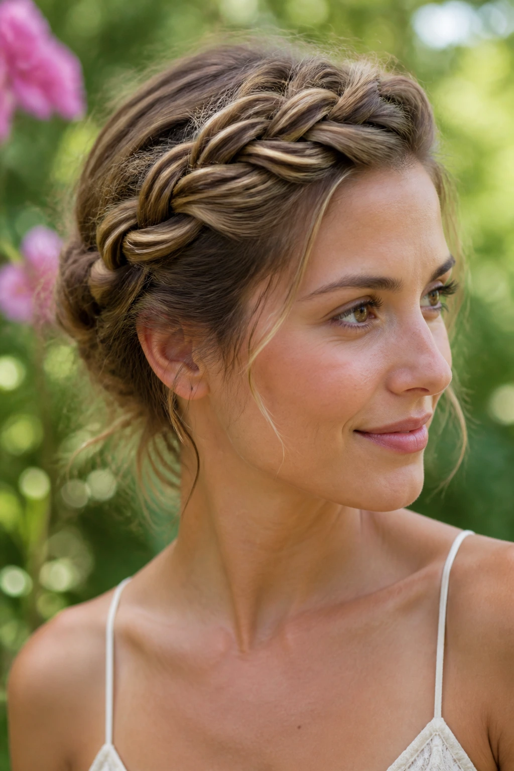 Close-up of a woman wearing a twisted rope crown with loose ends in a garden.