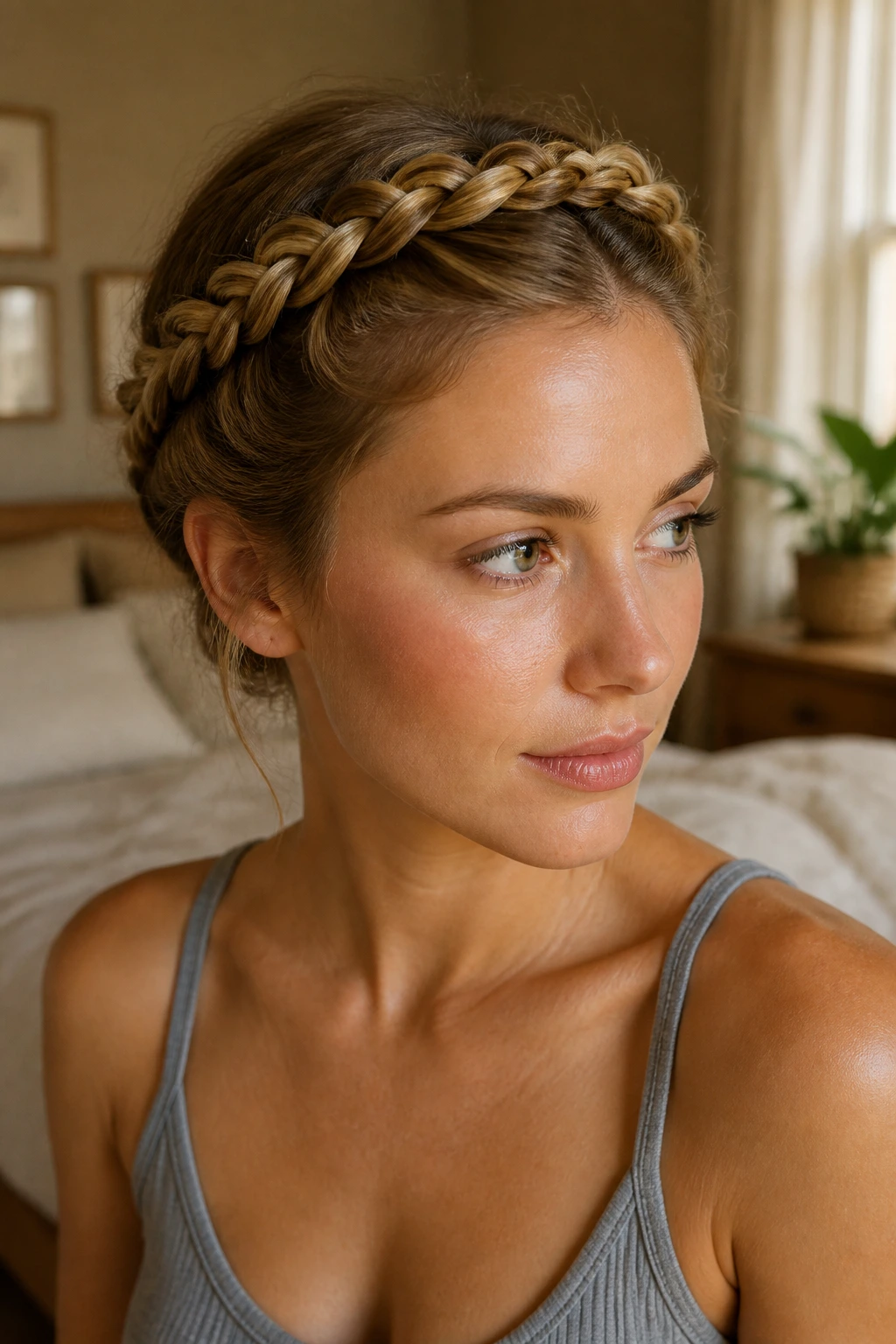 Close-up of a real woman wearing a flat rope-twist crown braid.