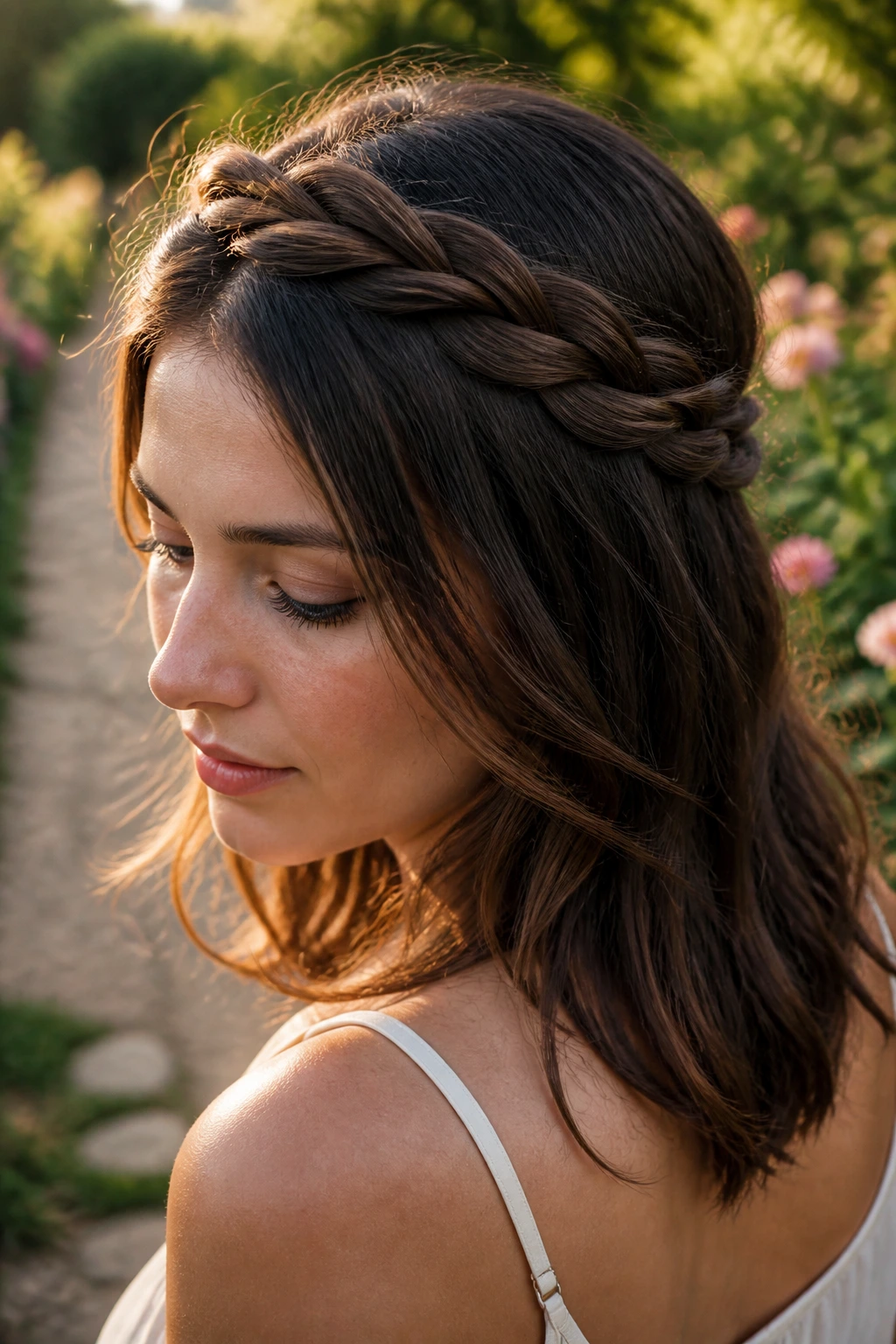 Portrait of a woman wearing a rope crown with loose ends.