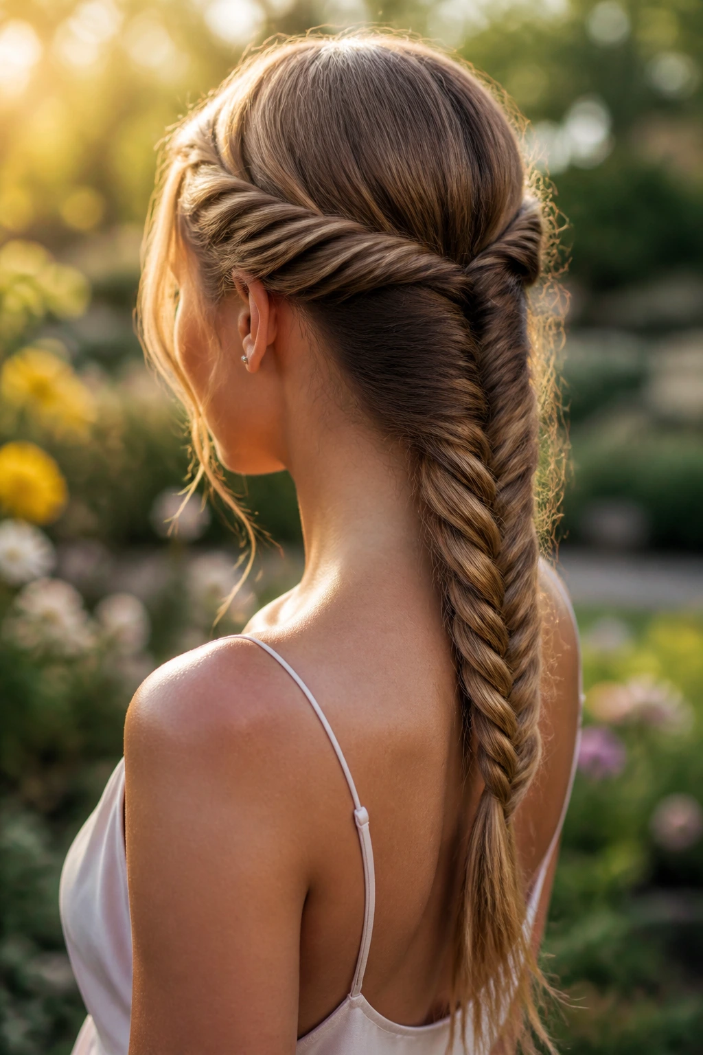 Close-up of a real woman's rope twist transitioning into a fishtail braid