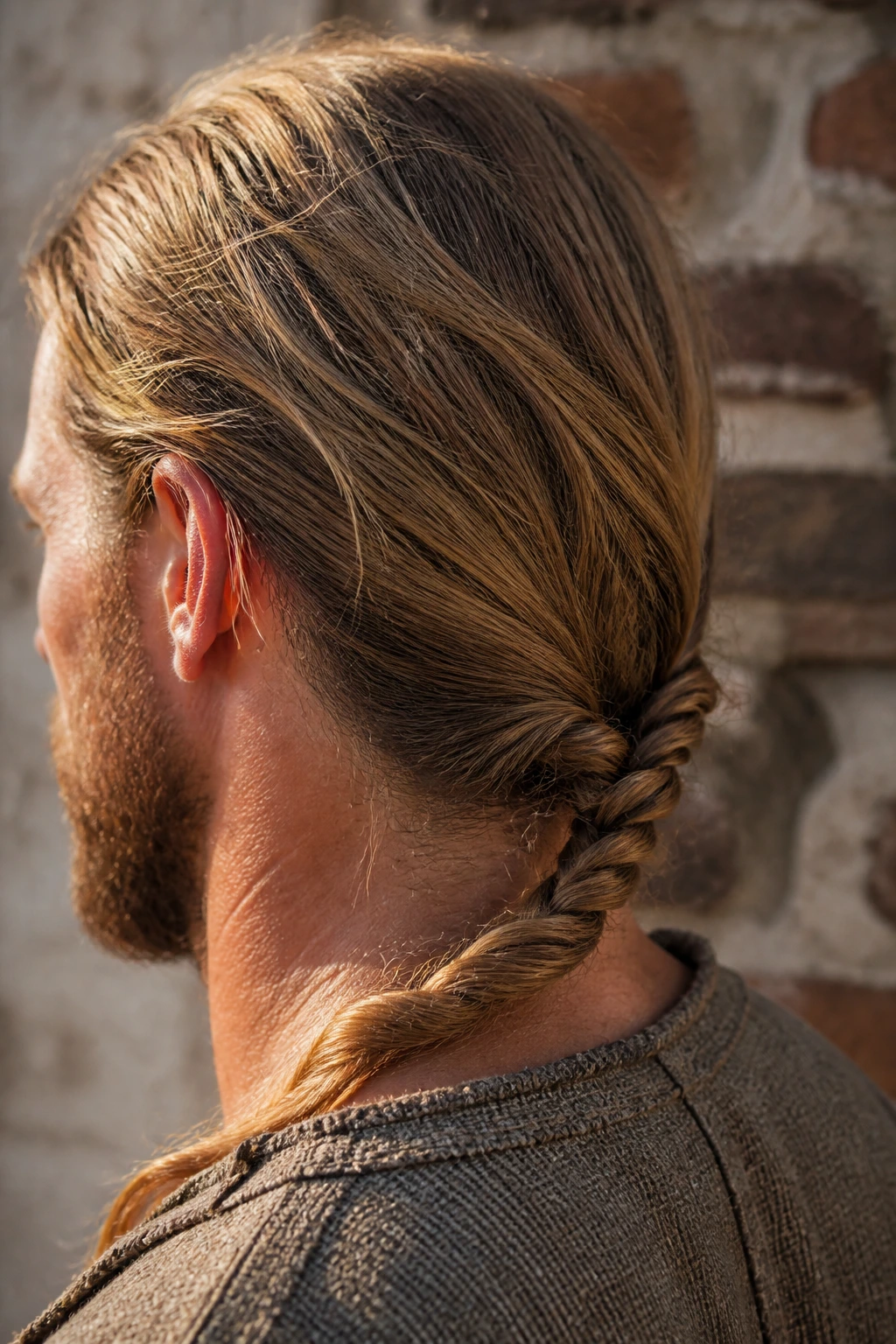 Close-up of a real man with rope-twist back tie hairstyle at the nape