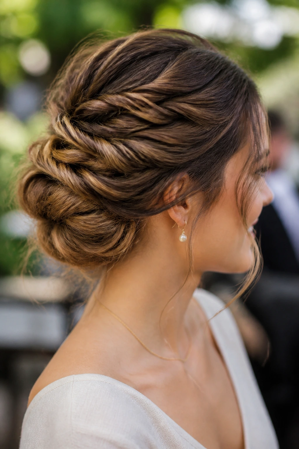 Real woman with a rope-twist bun creating a woven, airy texture.