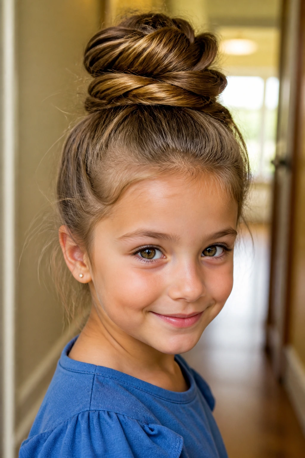 Close-up of a real girl with a rope-twist messy bun