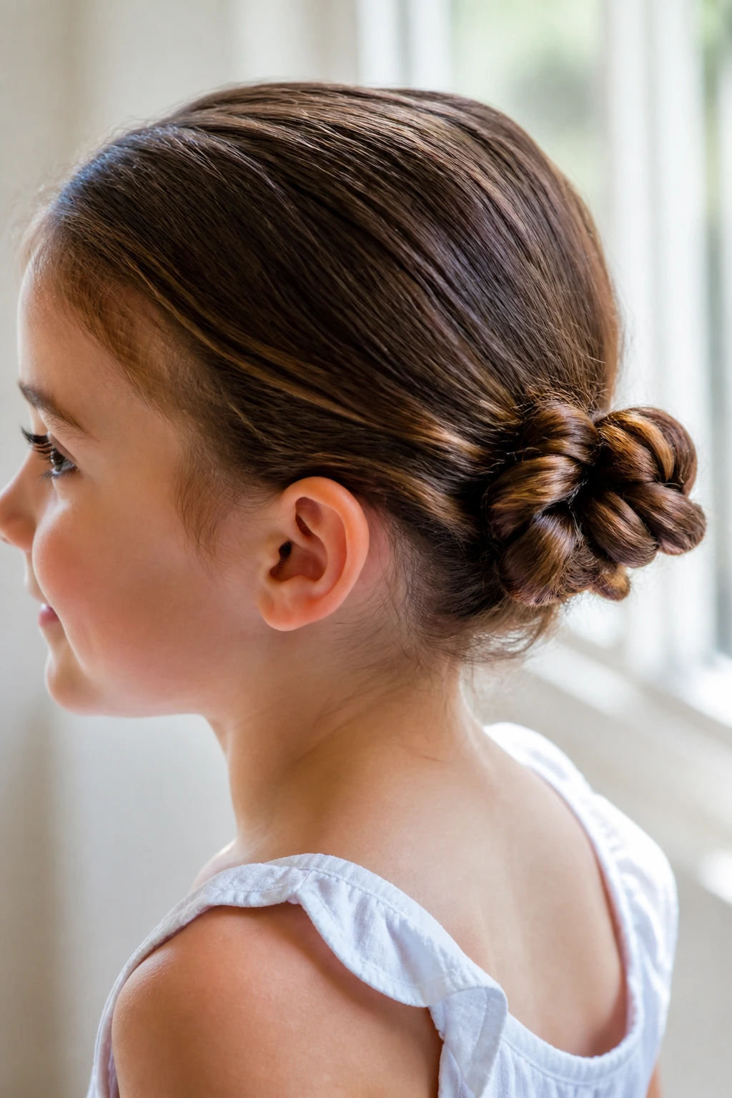 Close-up of a child with a rope-twist bun seen from the side