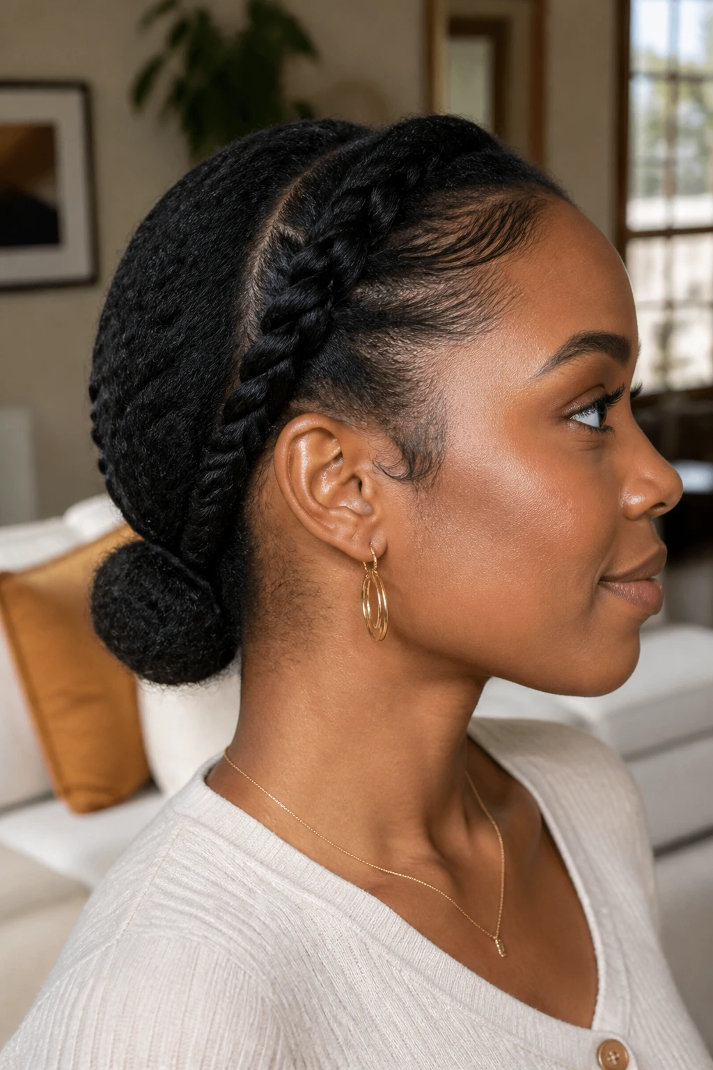 Real woman with rope twist low bun at the nape in natural light.