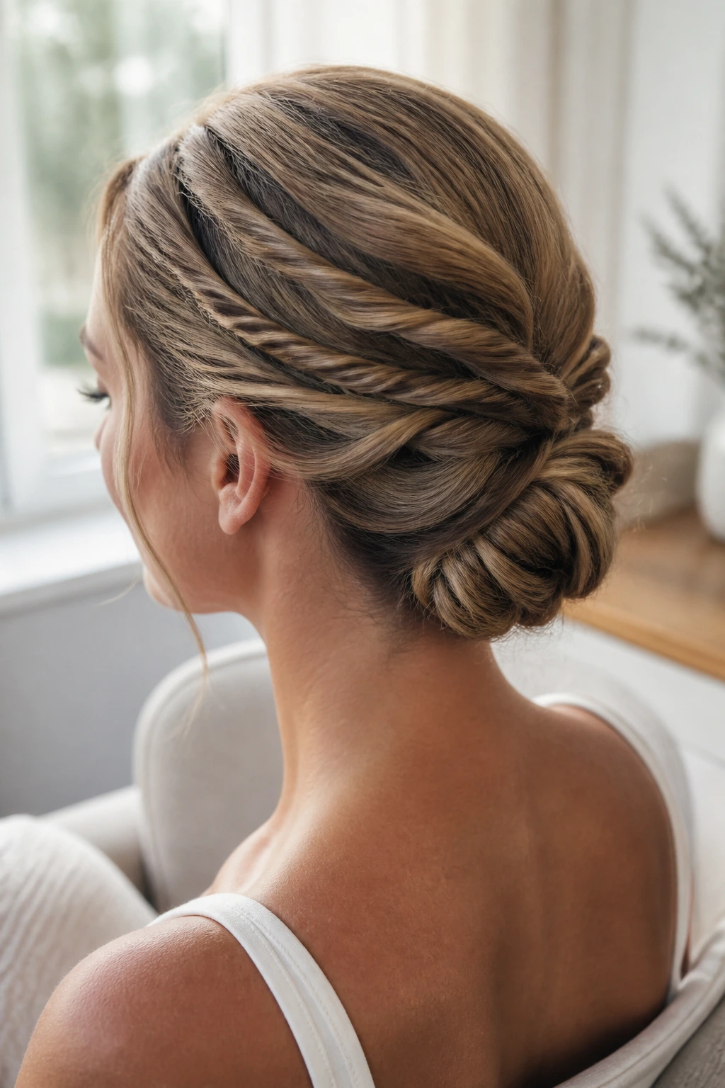 Close-up of a real woman wearing a rope-twist bun from the back with rope textures
