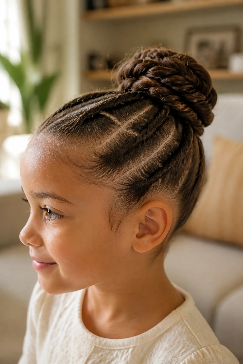 Girl with rope-twist bun showing twisted texture