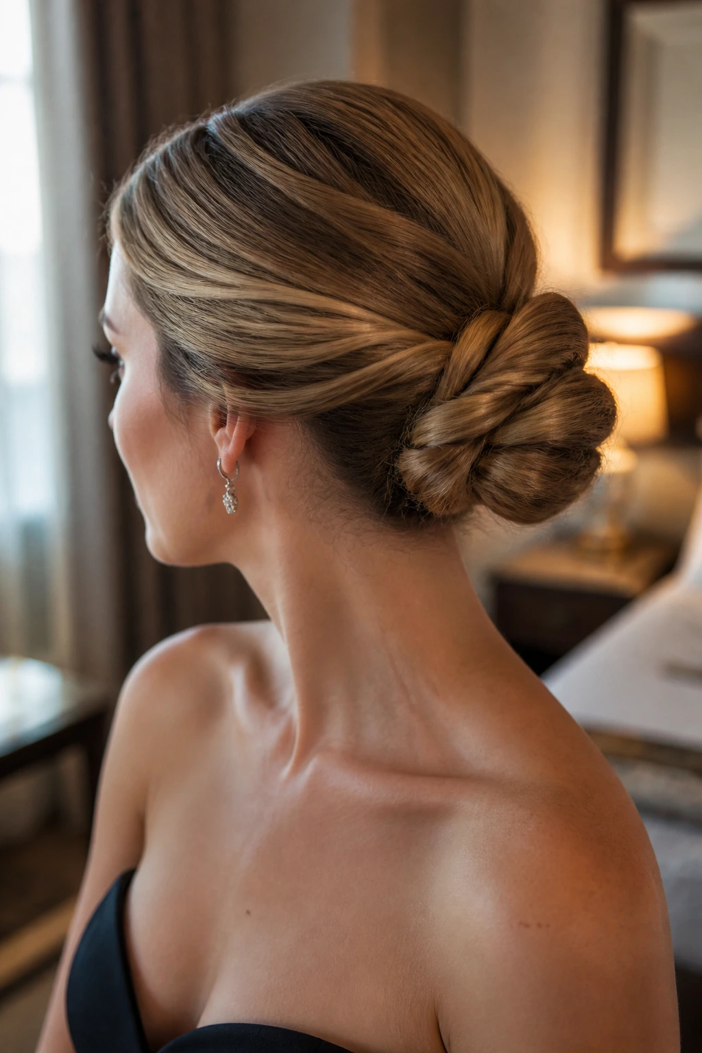 Close-up of rope-twist bun with woven pattern on a real woman's hair.