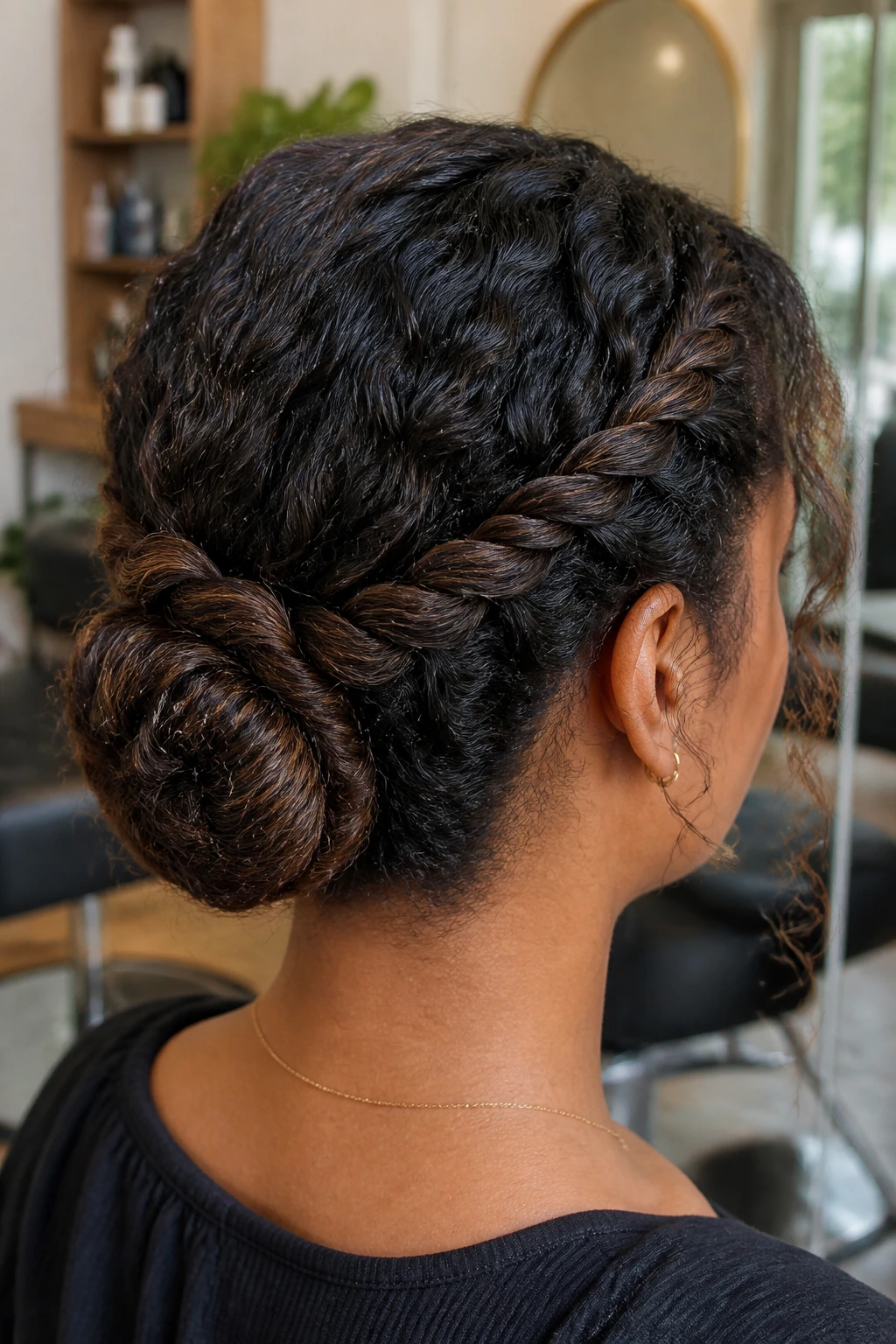 Close-up of a real woman with rope-twist low bun at the nape