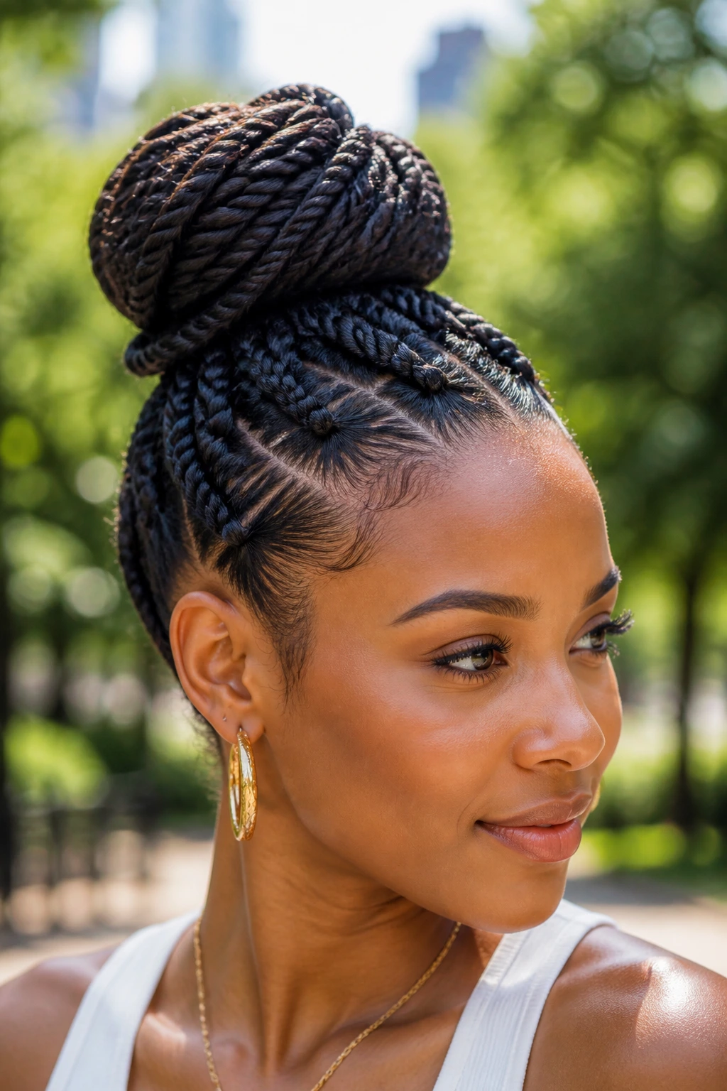 Portrait of a woman with a rope-twist high bun