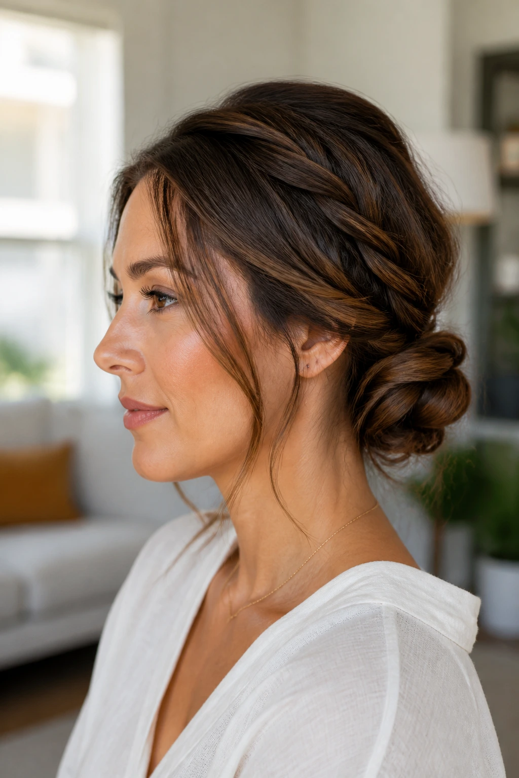 Close-up of a real woman with a rope-twist bun in a sunlit living room