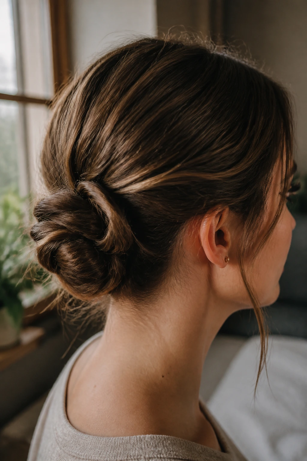 Close-up of a real woman with a rope-twist bun in soft window light