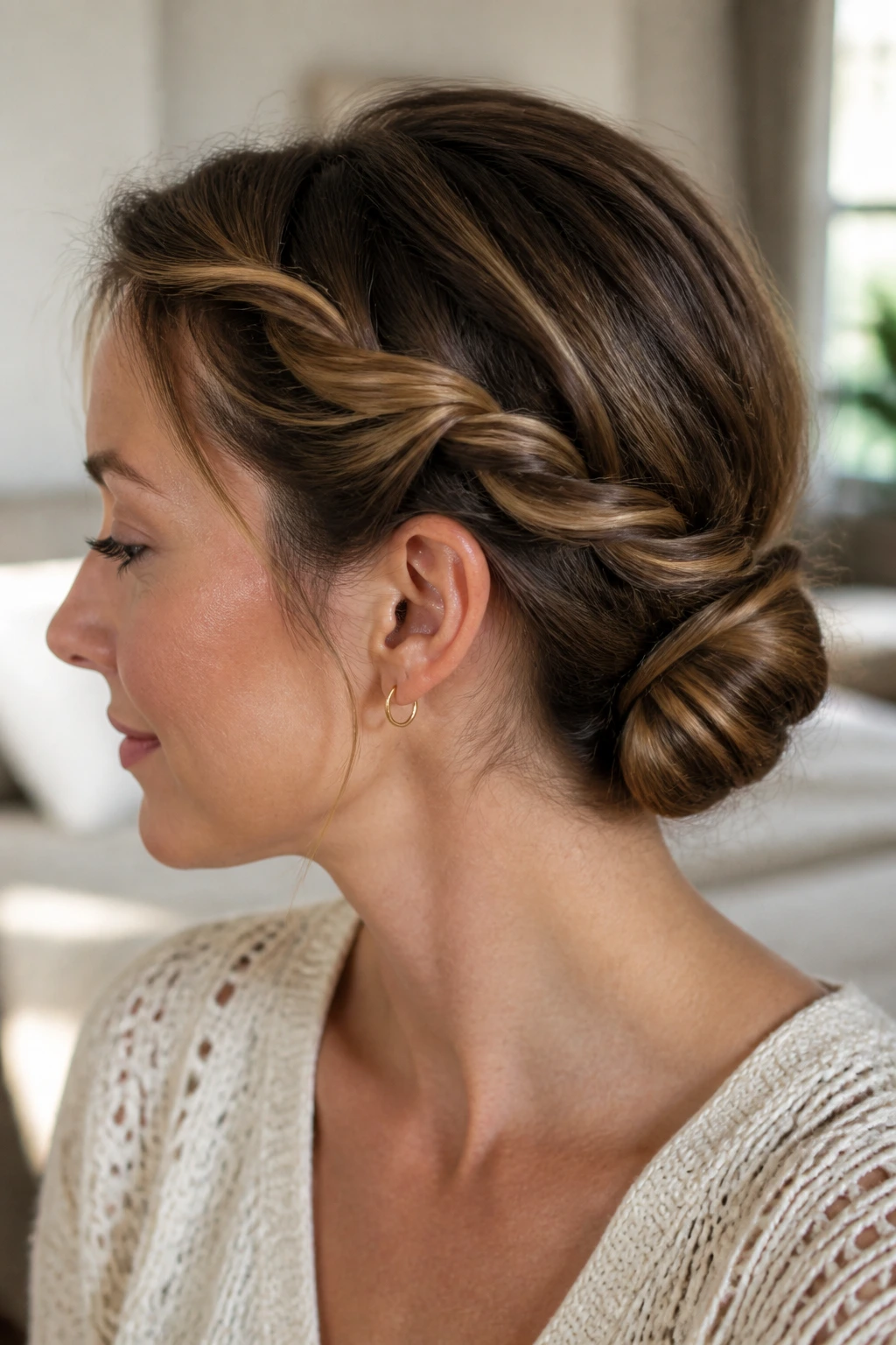 Close-up portrait of a real woman with a rope-twist bun at the nape under soft window light.