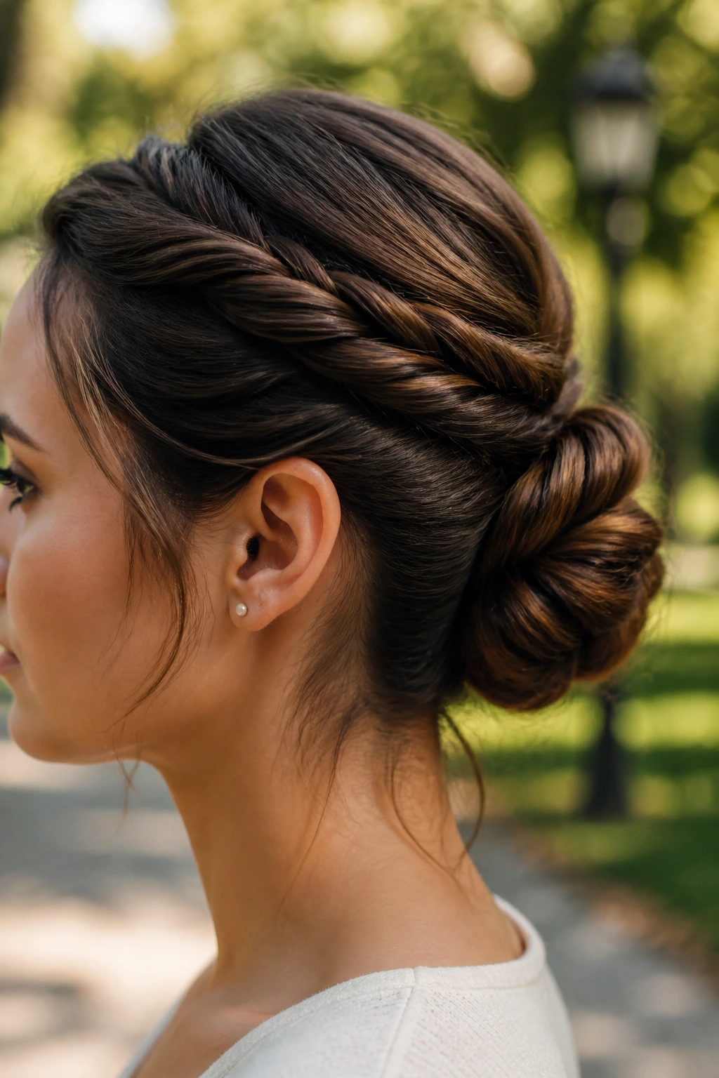 Close-up portrait of a real woman with a rope-twist bun and spiral texture outdoors.